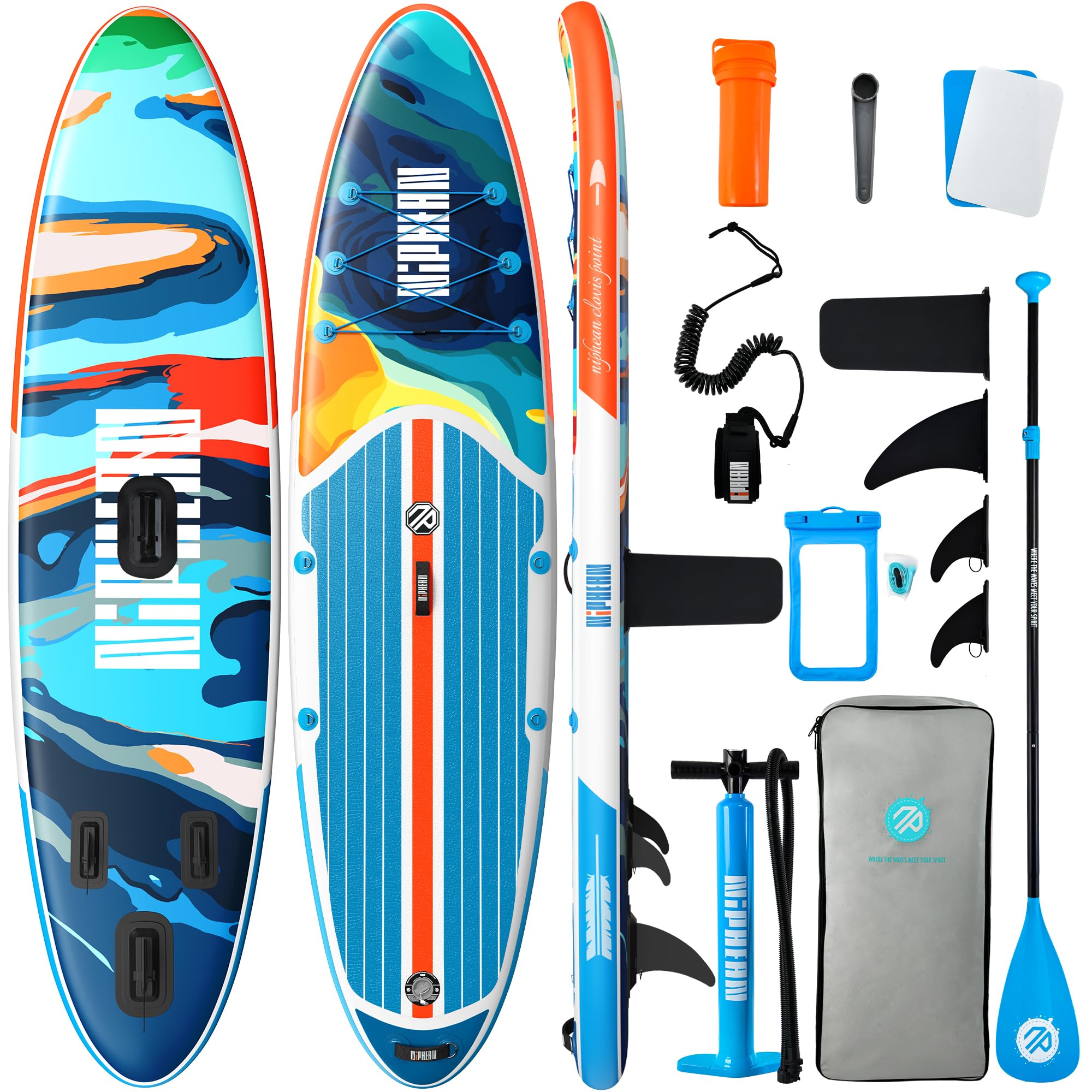 Niphean Inflatable Stand Up Paddle Board with SUP Accessories, Anti-Slip EVA Deck, 10’6’’ Inflatable Paddle Boards for Adults & Youth of All Skill Levels: Oceanic Blue Gem