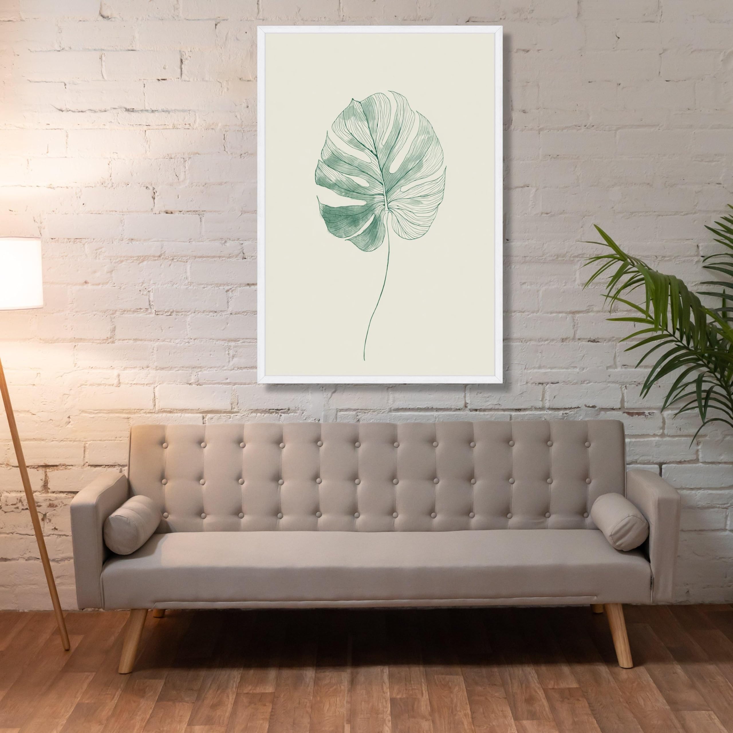 XINBAO Minimalistyczny obraz liści monstery, płótno, botaniczna sztuka ścienna, ilustracja zielonych roślin, dekoracja natury, nadruk liści (80 x 120 cm)