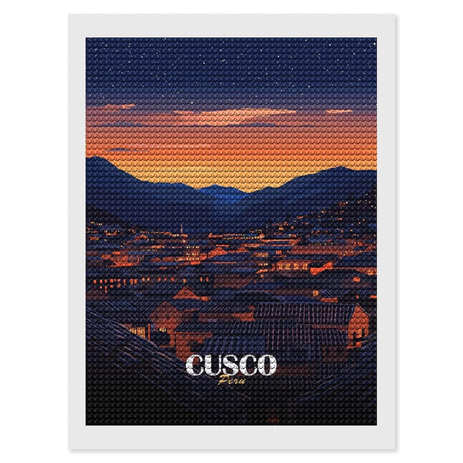 Junmoney Cusco, Peru at Nightfall Diamond Art Canvas 12"x16", for Creative Relaxation, Simple to Start, Aesthetic Room Decor, Holiday Gift Idea