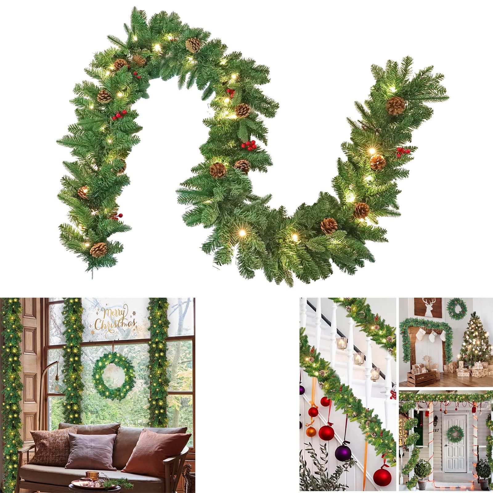LZQ 5m Girlande Weihnachten Weihnachtsgirlande mit Beleuchtung, Weihnachtsdeko Girlanden mit Roten Beeren und Tannenzapfen, Tannengirlande für Innen und Außendekoration von Türen, Wänden und Treppen