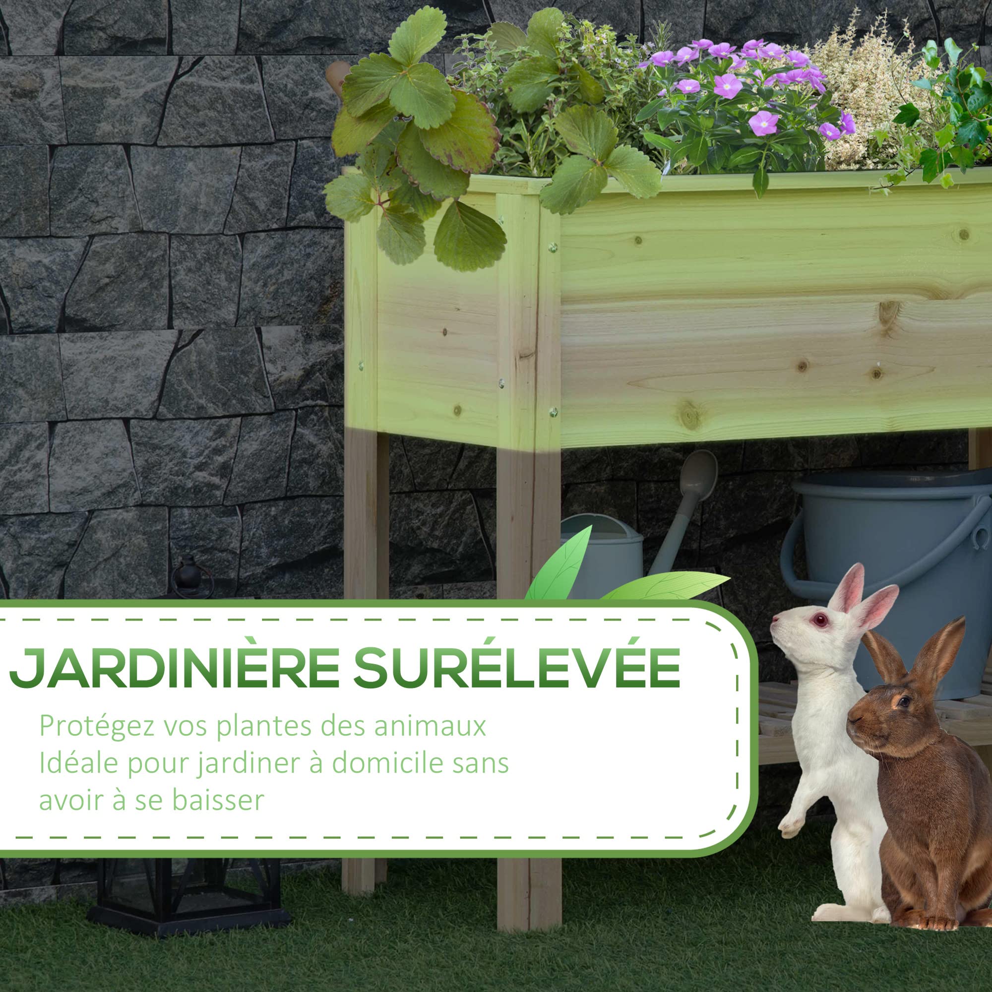 Outsunny Jardinière sur Pieds Potager avec étagère à Lattes 90 x 40 x 81 cm Inserts d'irrigation, géotextile Inclus en Bois Massif