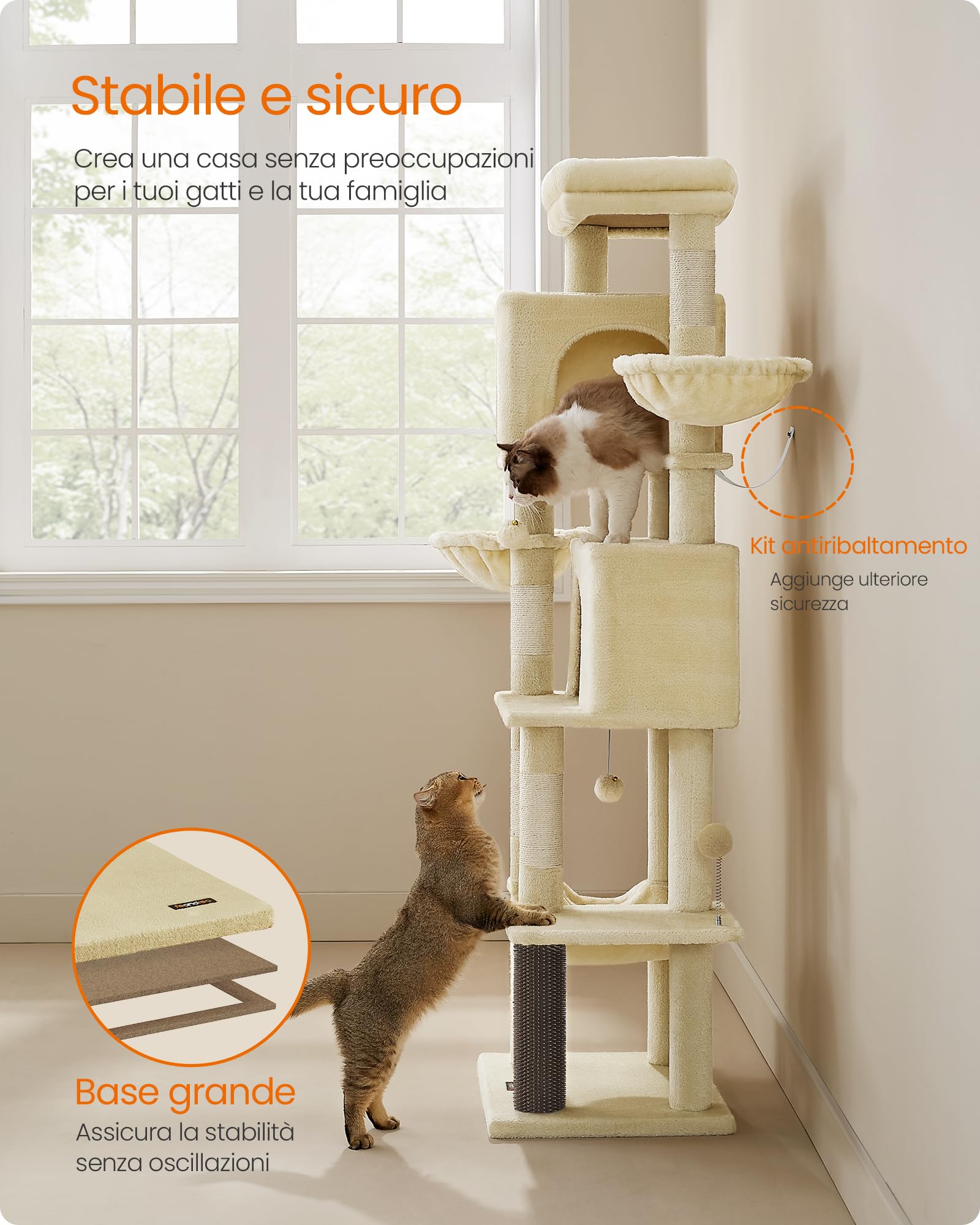 Feandrea Albero per Gatti Grande, Torre Tiragraffi Alto 175 cm, Multilivelli con 2 Grotte, 2 Cestini, 5 Graffiatoi, Autospazzola, Trespolo, Amaca, Beige Sabbia PCT182Y01