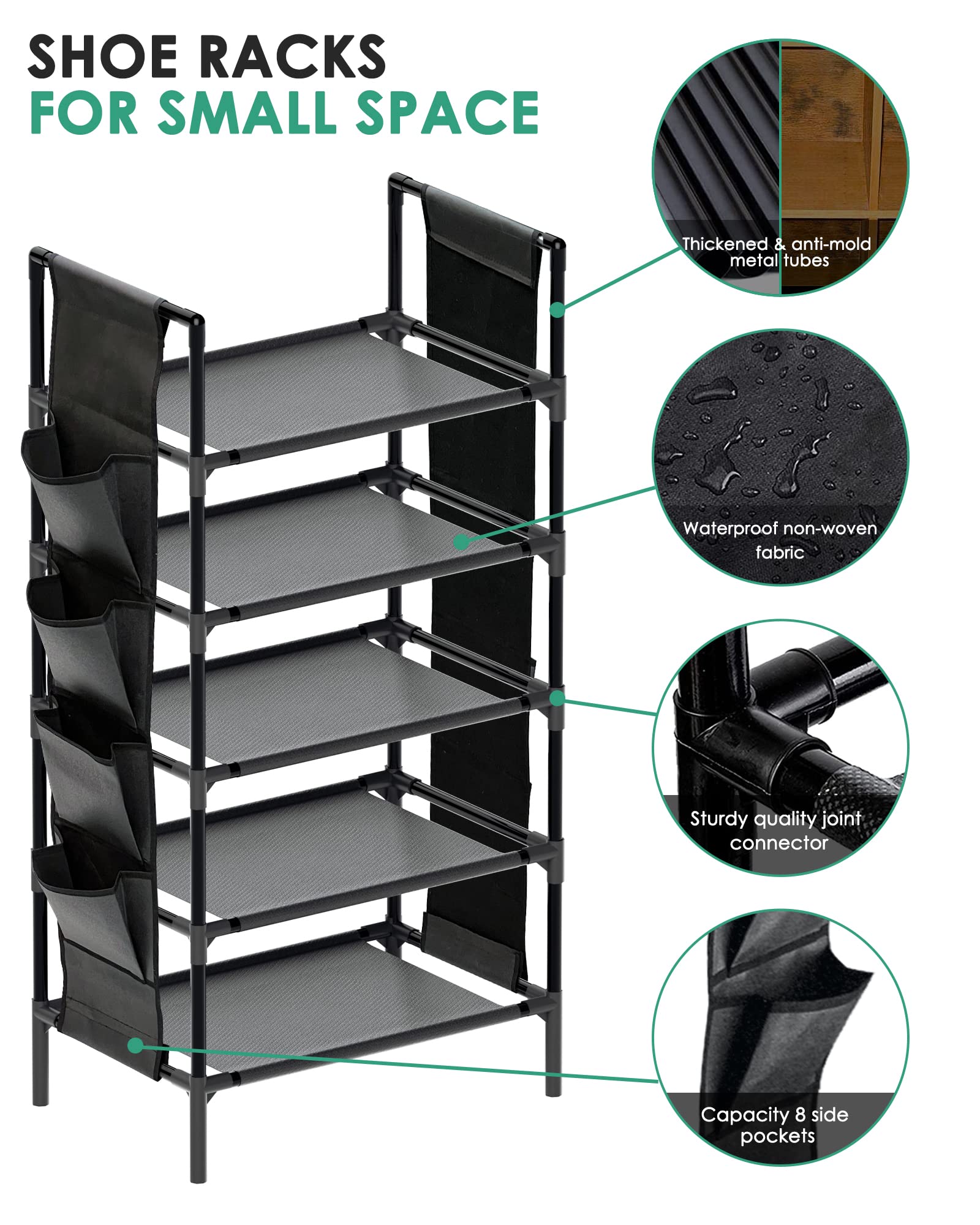 Moweallarge Shoe Rack 17-22 Pairs Stackable 5-Tier Shoes Rack Upgrade Compact Free Standing Shoes Rack with 8-Side Pockets for Small Narrow Space Closet Entryway Dorm Hallway