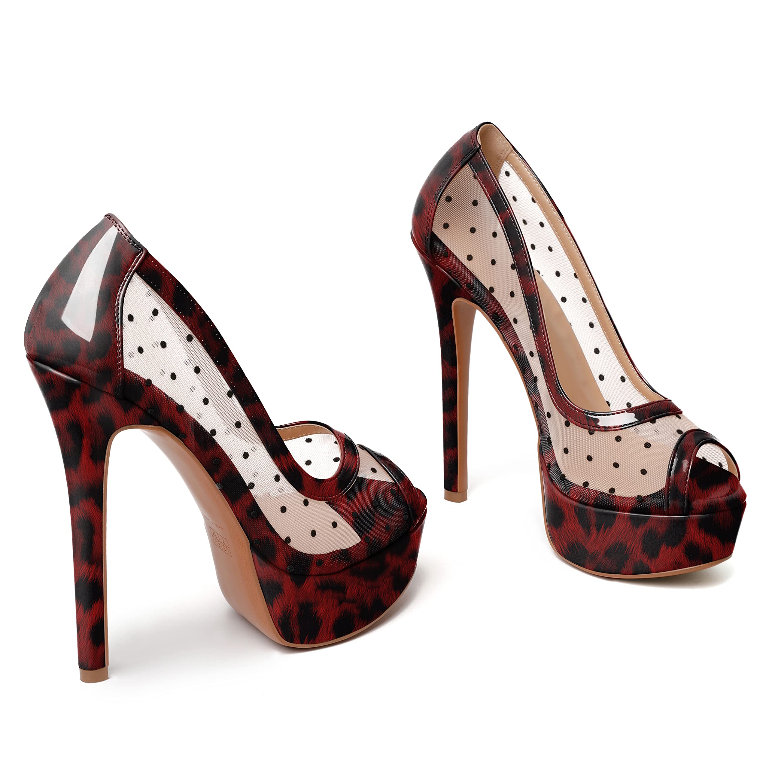 AUMOTED Women's Peep Toe High Heel Platform Stiletto Pumps Slip On Patent Mesh Polka Dot Heels 5.5" Party Wedding Dress Shoes: 7.5 Leopard Red