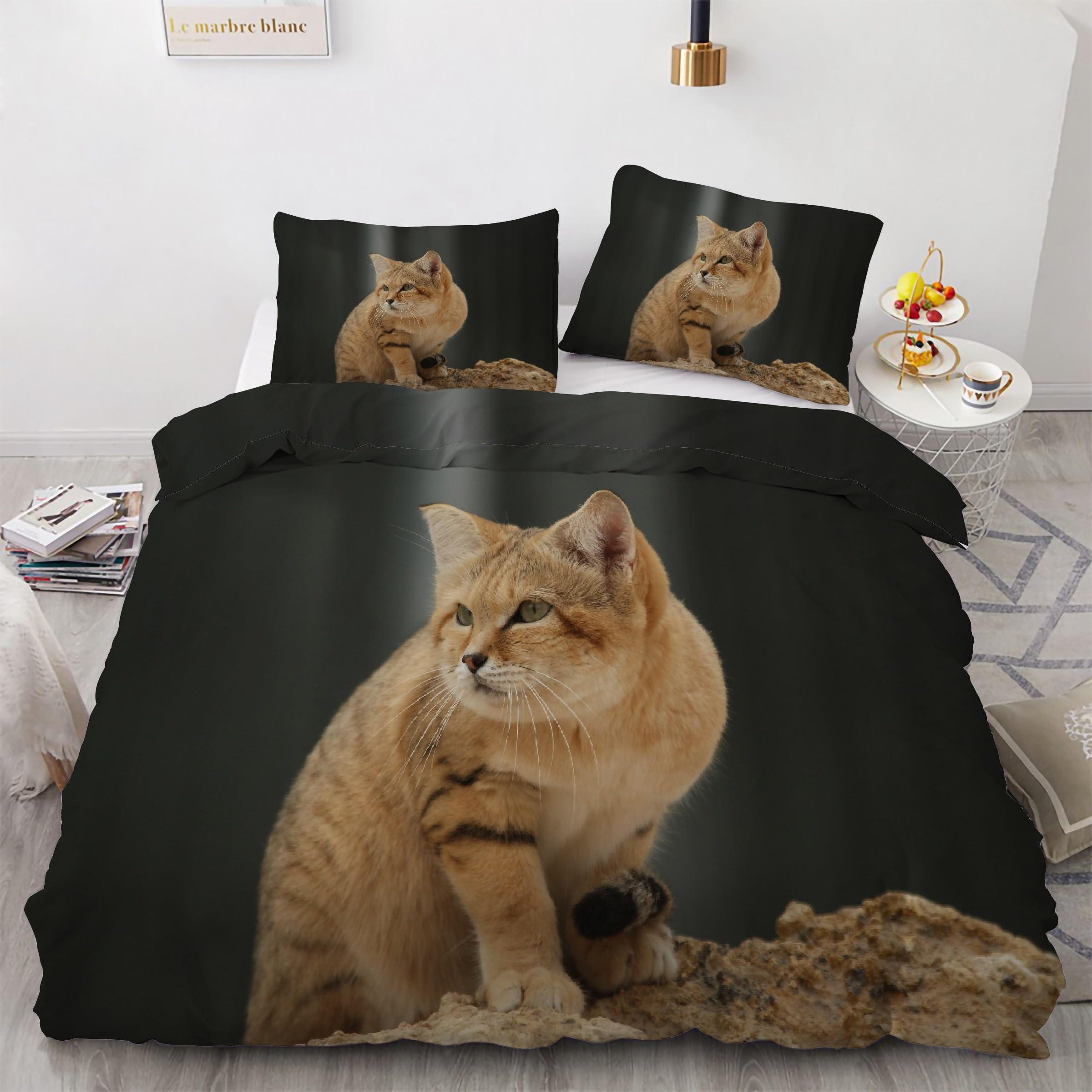 Housse de couette 220x240 chat et ses 2 taies d'oreiller en microfibre douce