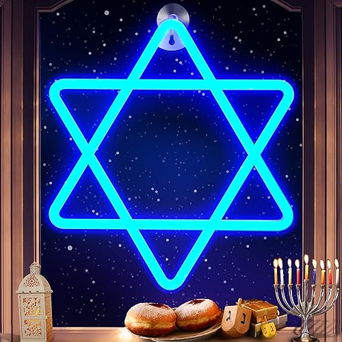 Hanukkah - Luces de neón azules de estrella de David batería de 12 pulgadas y luces LED de neón de Janucá alimentadas por USB con temporizador para