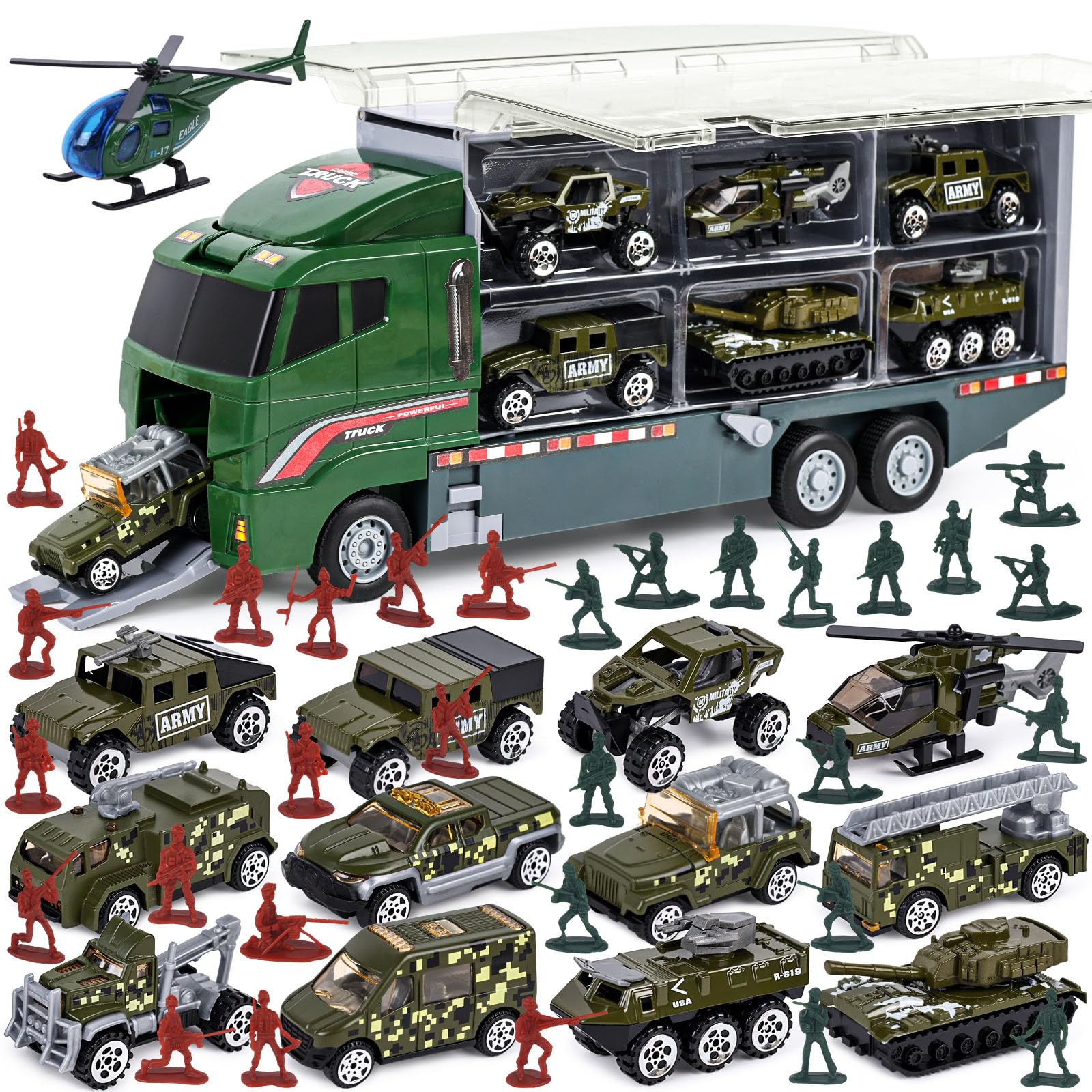 LovesTown 44PCS Large Military Truck Set, 13PCS Mini Die-cast Military Toy Cars in Carrier Truck with 30PCS Army Men Toy Soldiers for Kids Boys
