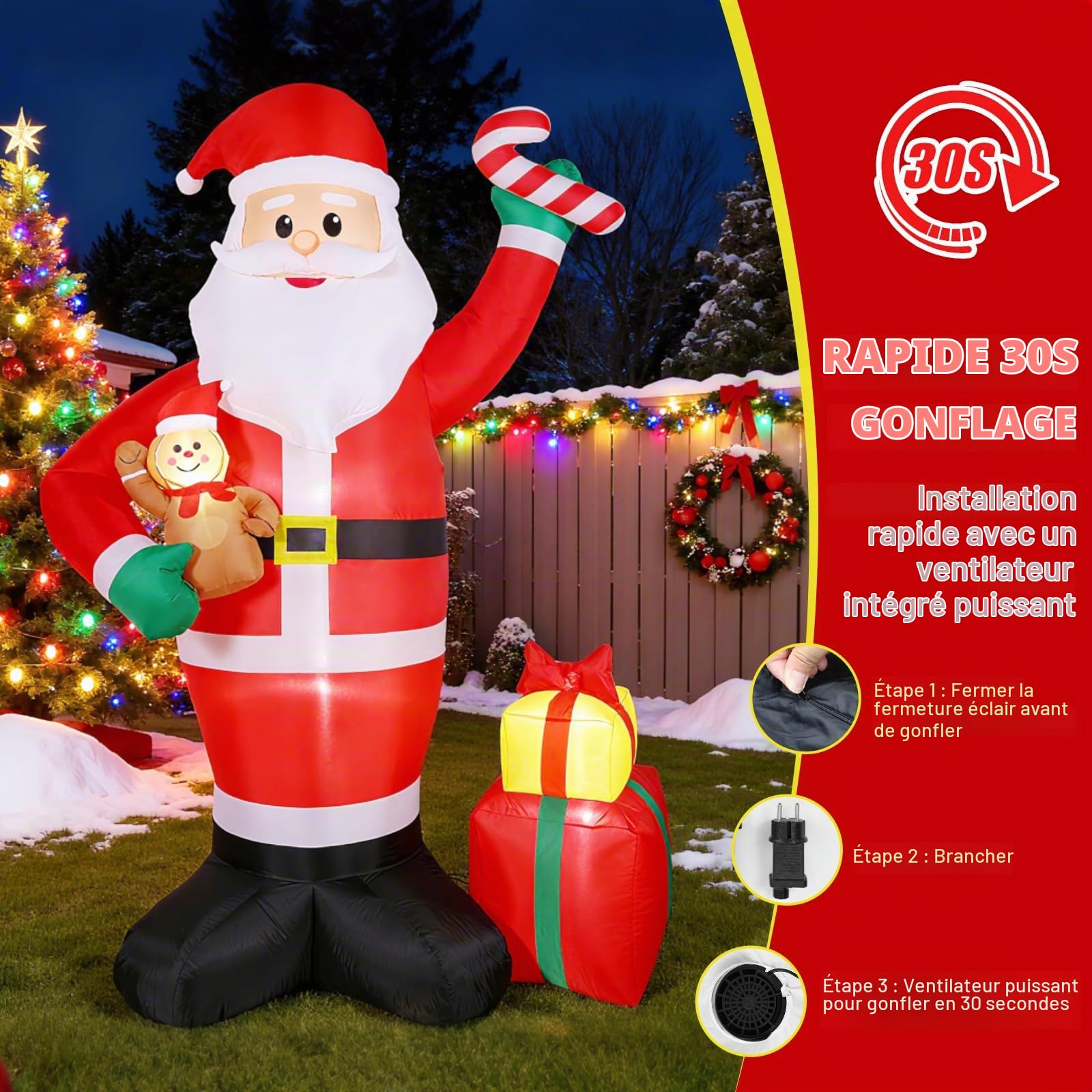Quntis 244 CM Pere Noel Gonflable Exterieur avec LEDs Blanc Chaud, IP44 Pere Noel Gonflable, XXL Decoration Noel Exterieur Gonflable pour Intérieur Extérieur Jardin Pelouse Fête Christmas