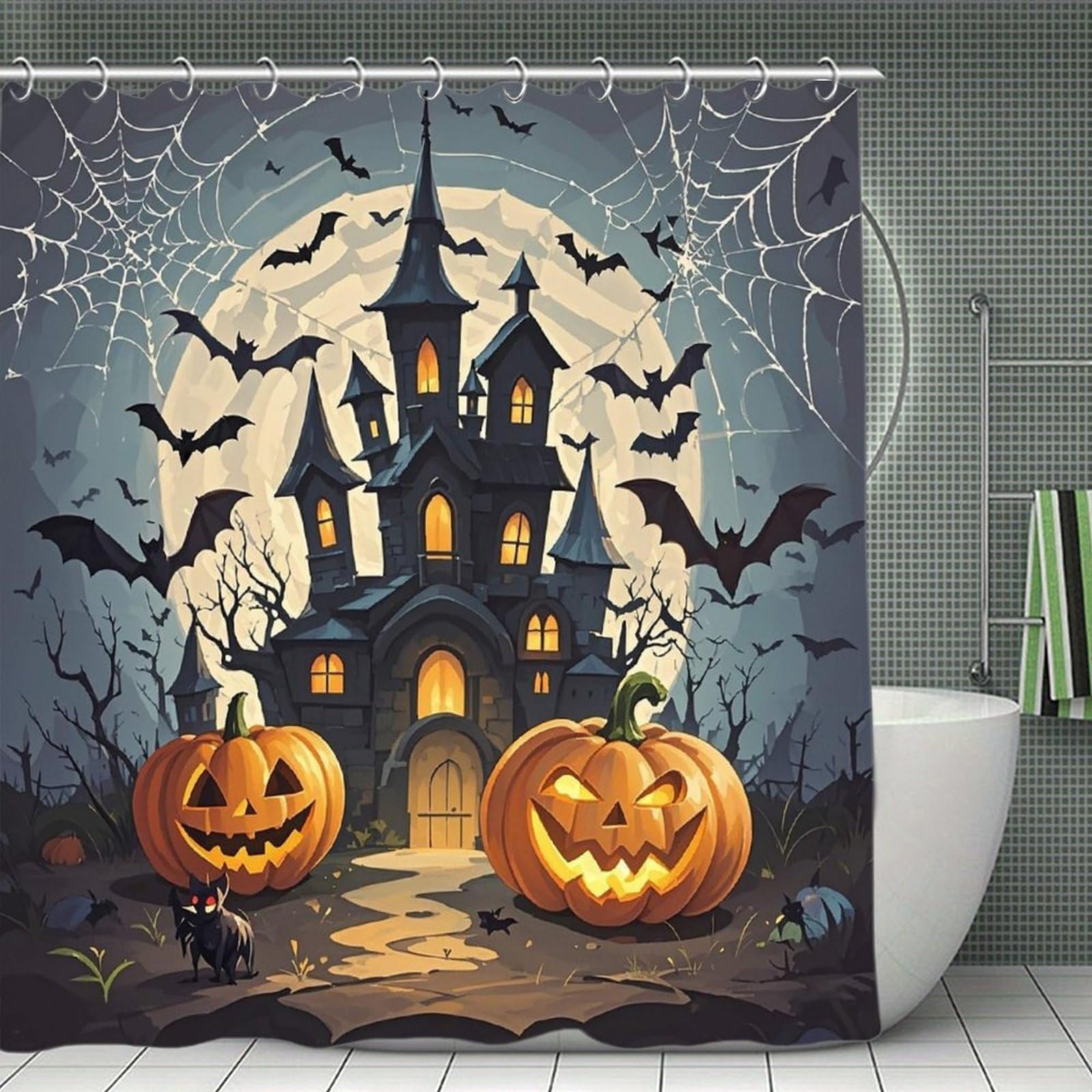FekiLoot Pumpkin Lantern Castle Shower Curtain Minimalist Thick Bathroom Curtain Washable Modern Bathroom Shower Curtain Heavy Duty Waterproof Cloth Bath Curtain with Hooks 70.8"x70.8"