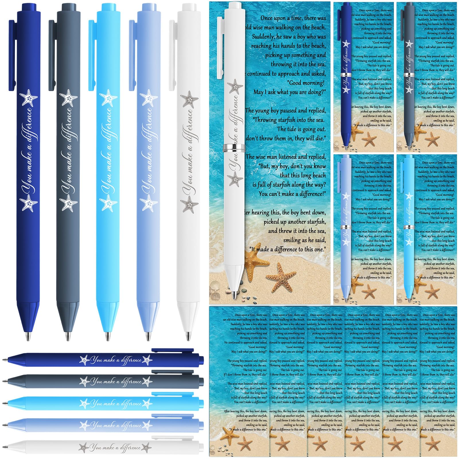 Geyoga 20 Sets Starfish Story Employee Appreciation Gift You Make a Difference Ballpoint Pens Starfish Story Motivational Card with Ties Thank You