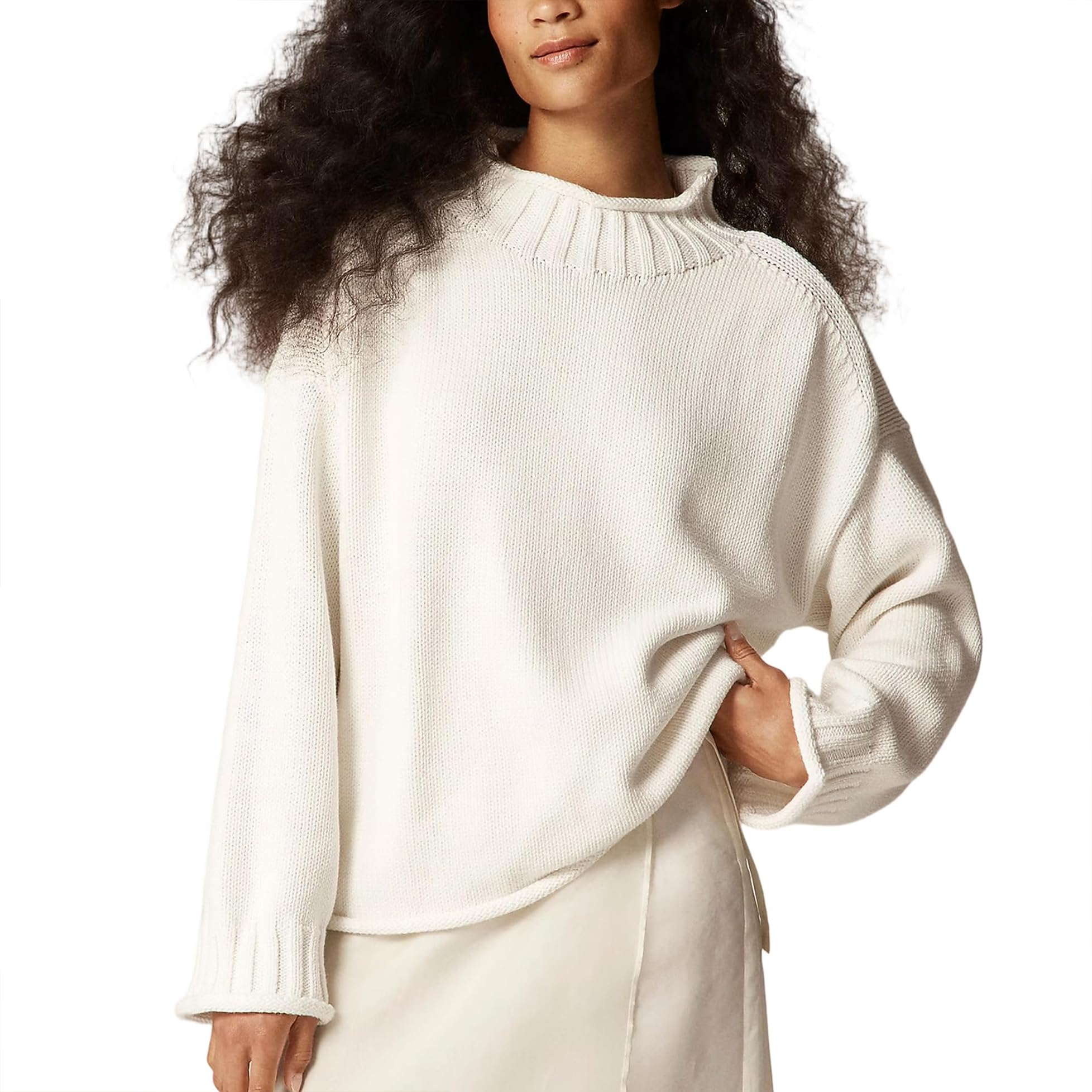 Oversized Sweaters for Women Roll High Neck Hem Long Sleeve Soft Chunky Cable Knit Striped Pullover Tops Outerwear