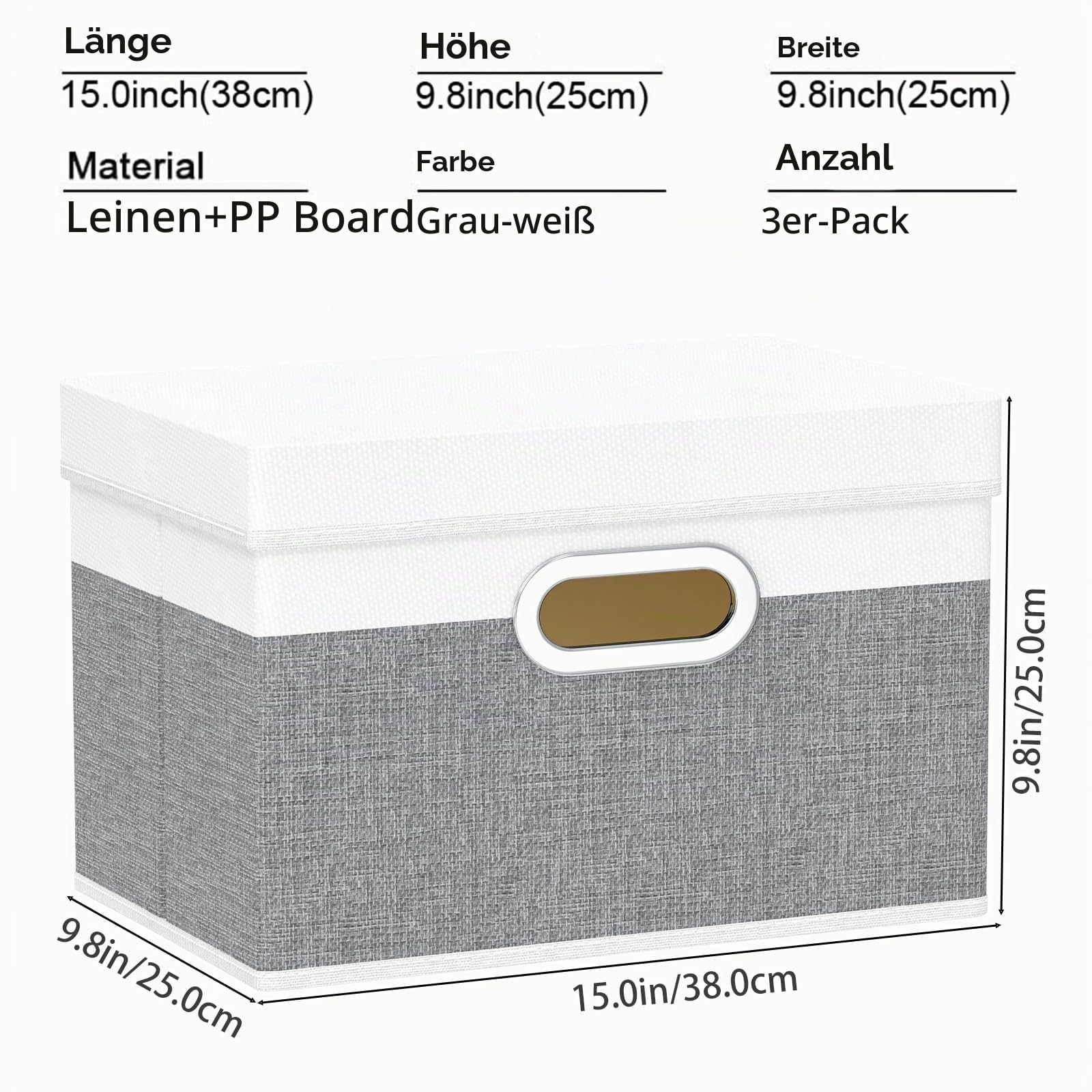 Yawinhe 3 Stück Aufbewahrungsbox mit Deckel,38x25x25cm,Weiß/Grau