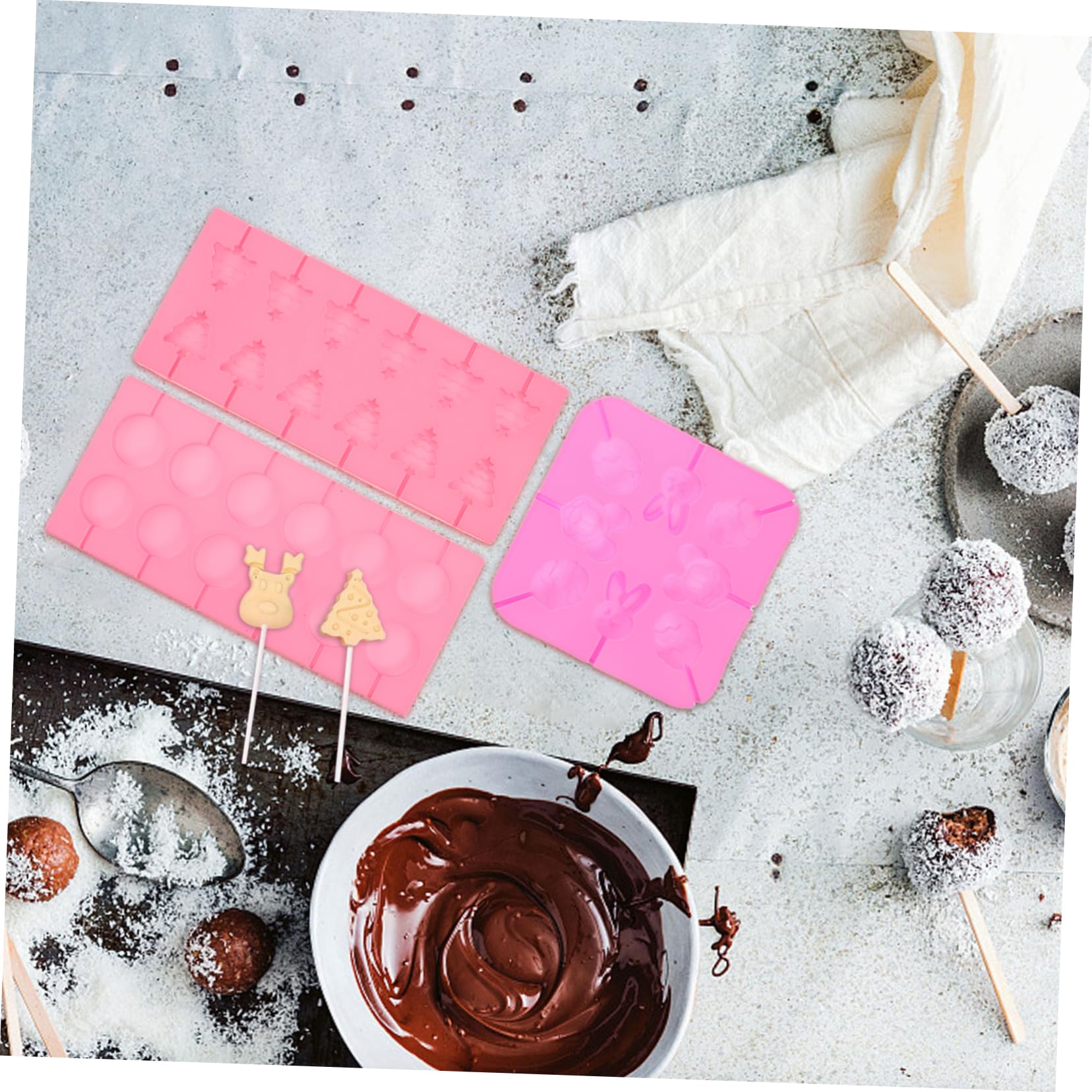 Molde de Chocolate Navideño de Silicona, 1 Juego, 7 Piezas | Formas Variadas, Resistente al Calor y Fácil de Usar, Incluye Palitos, Bolsas para Golosinas y Bridas