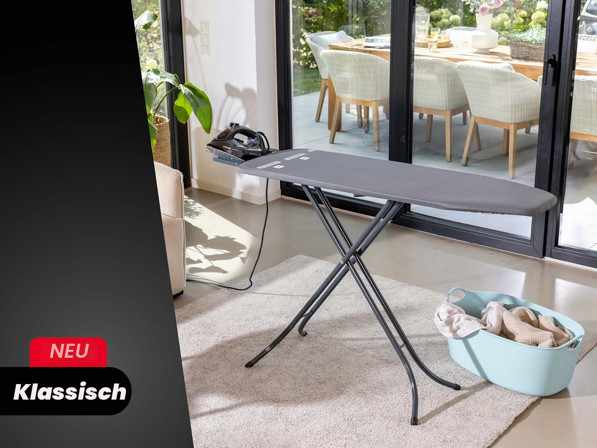 Leifheit Bügelbrett Classic M Black, Bügeltisch mit Fläche bis 120 x 38 cm | Kompakter Bügeltisch in Anthrazit, 69-88 cm verstellbar, feste Metall-Bügeleisenablage, Transportsicherung, schwarz