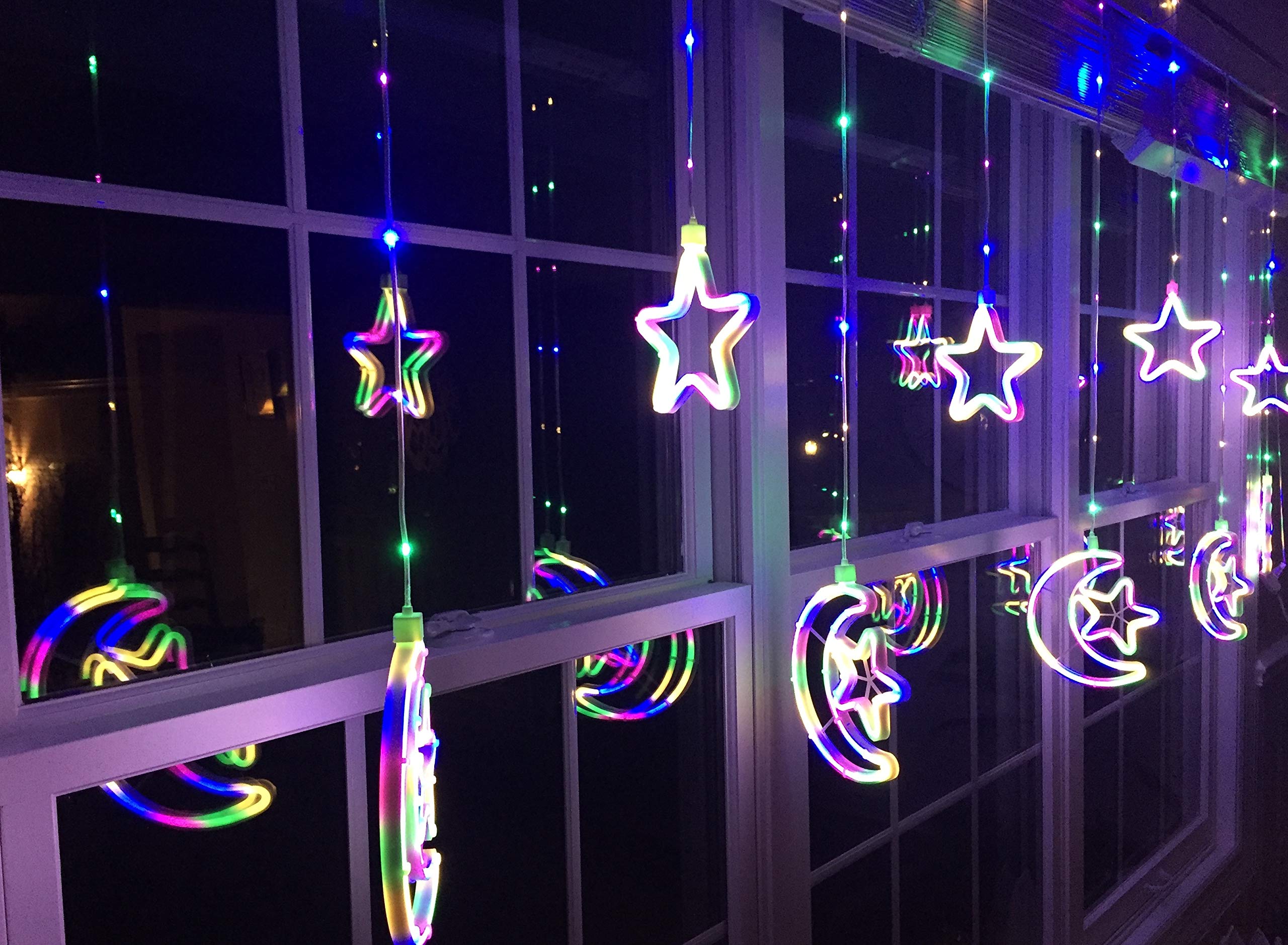 Holiday Moon Star LED Lights Neon Twinkle Star Moon 8 Color Changing Modes Eid Decoration Fairy Lights Curtain for Party Indoor Decoration Hanging Lights (9 Moon Star_LED)