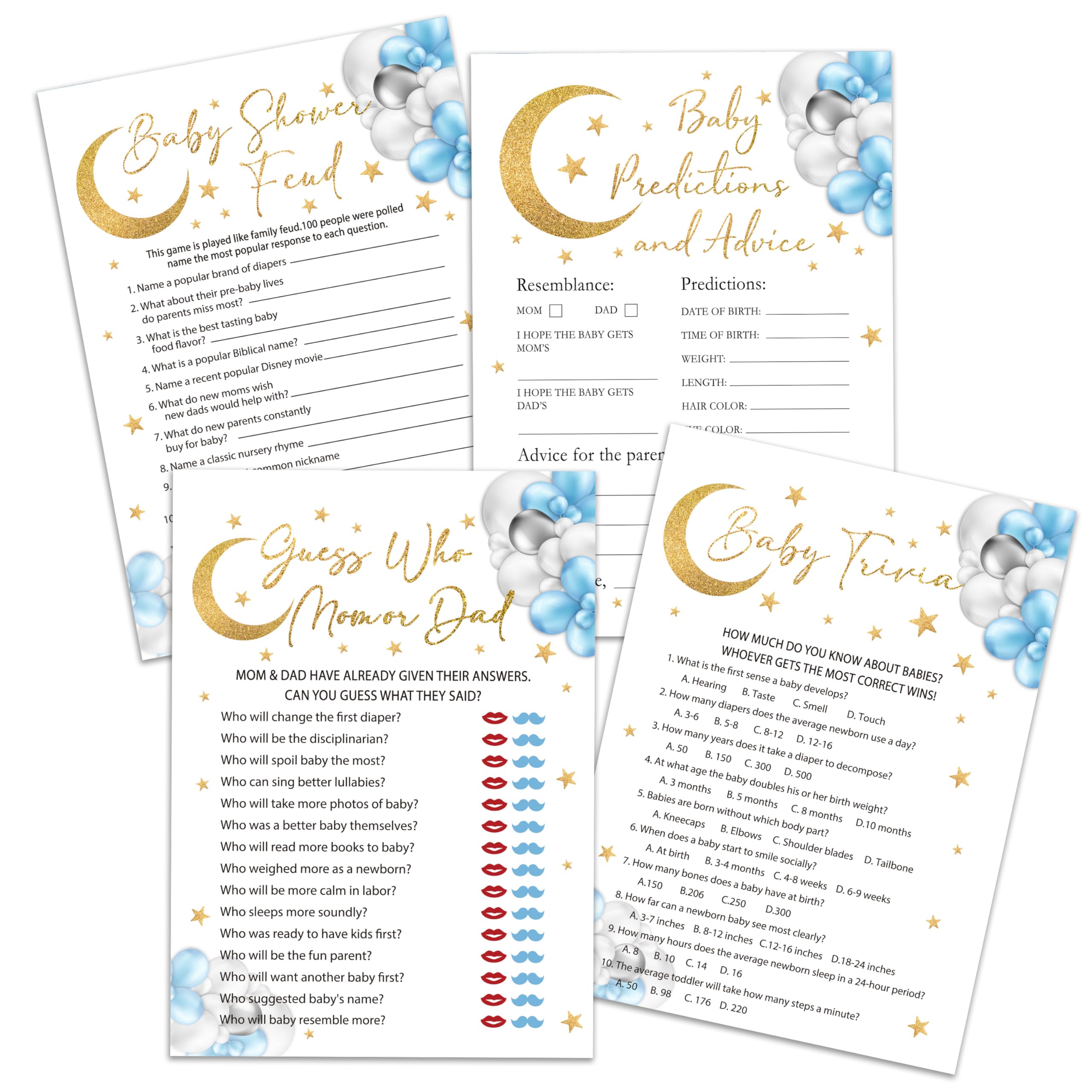 Moon Stars - Juego de juegos para baby shower, 4 juegos que incluyen trivia de bebé, pelea de baby shower, predicciones y consejos para bebés, Adivina quién mamá o papá, 50 tarjetas de doble cara y 1