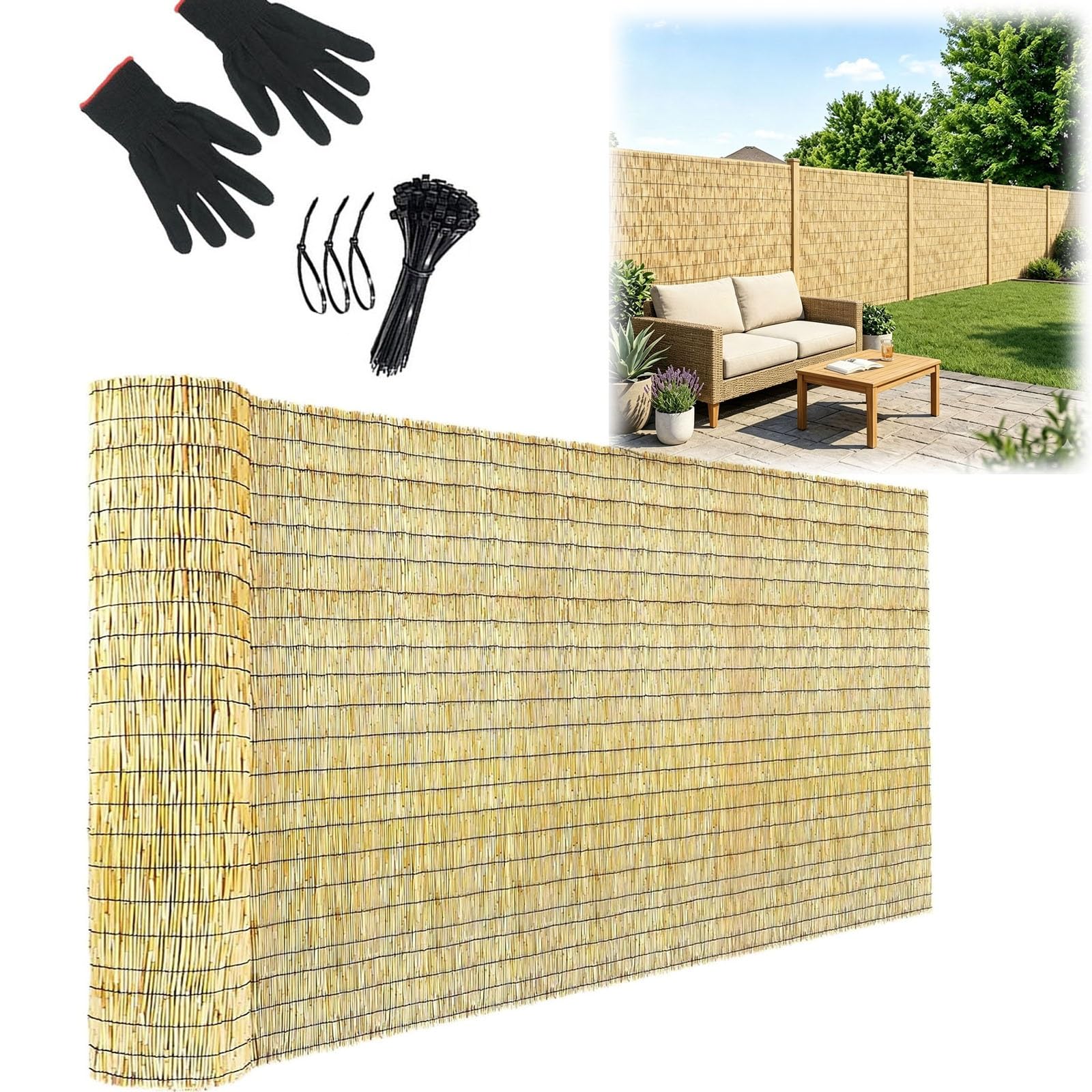 Cerramiento Exterior en Rollo, Cañizo Ocultación Jardín de Caña Entera, Alternativa Ecológica a Seto Artificial y Brezo, Duradero y Resistente(Natural,H150xL400cm)
