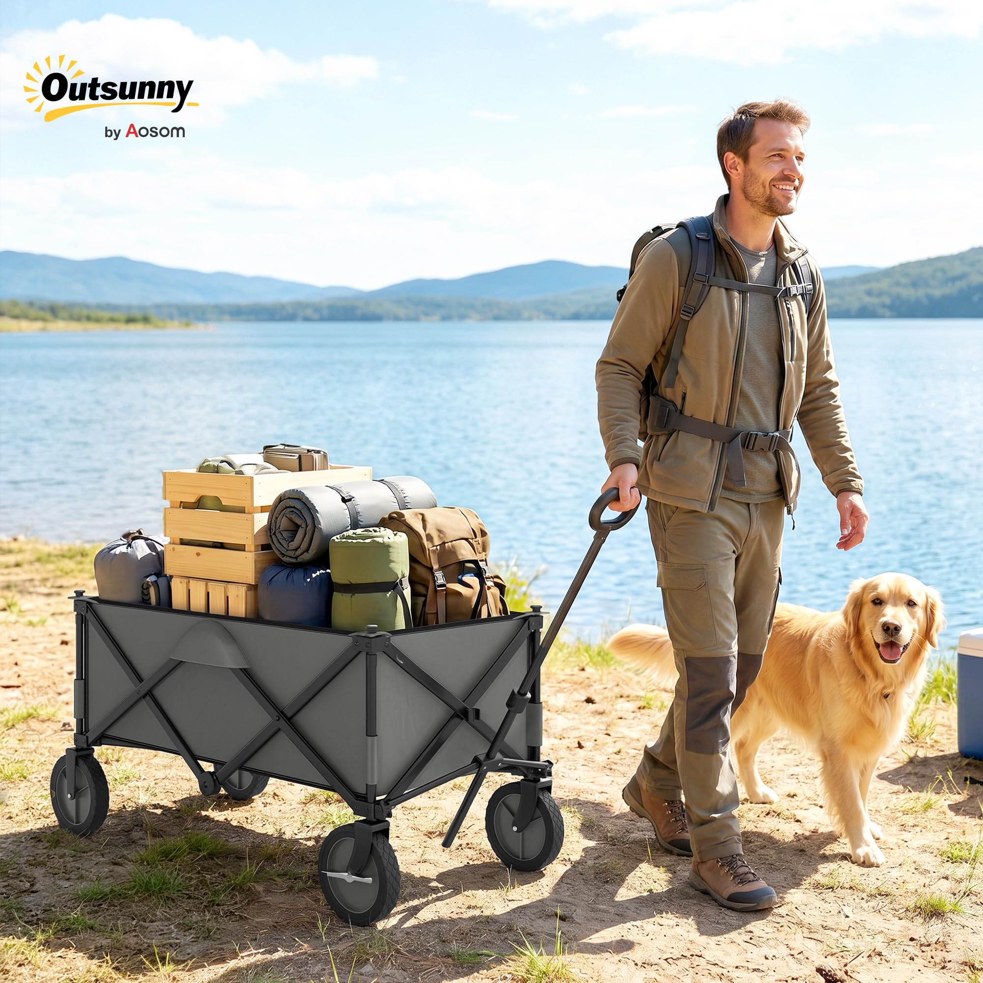 Outsunny Chariot de Plage Pliable 4 Roues, 108 x 55 x 93 cm Gris Foncé | Chariot de Transport, Bâche Amovible, Poignée Télescopique, Inclinaison Réglable, Plateau Pliable, 5 Sacs de Rangement