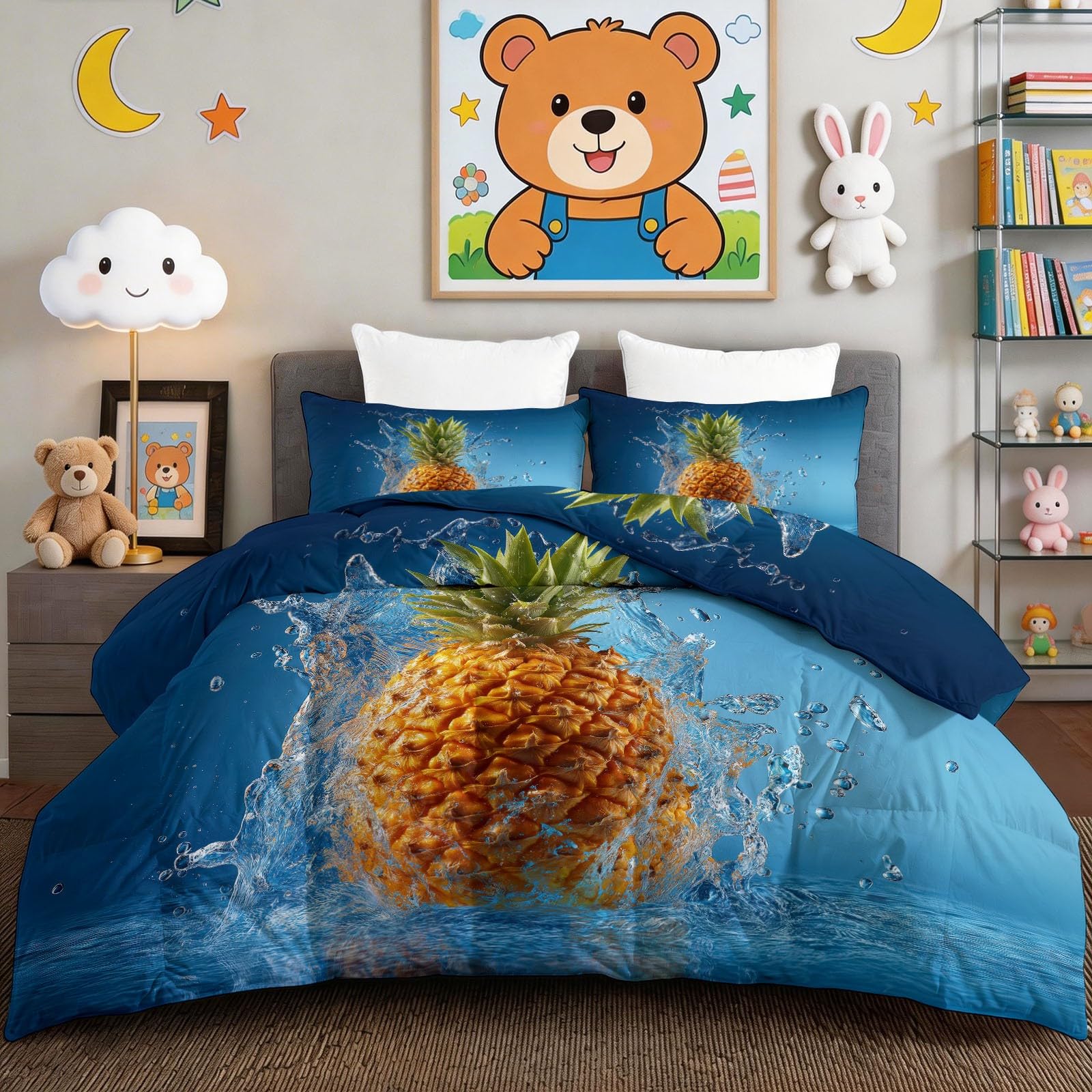 Kołdra bez poszewki 260 x 220 cm, pikowana kołdra na 4 pory roku – nowoczesna, tropikalna, ananasowa, letnia kołdra całoroczna – nadaje się do prania, oddychająca i ciepła i miękka pościel z 2