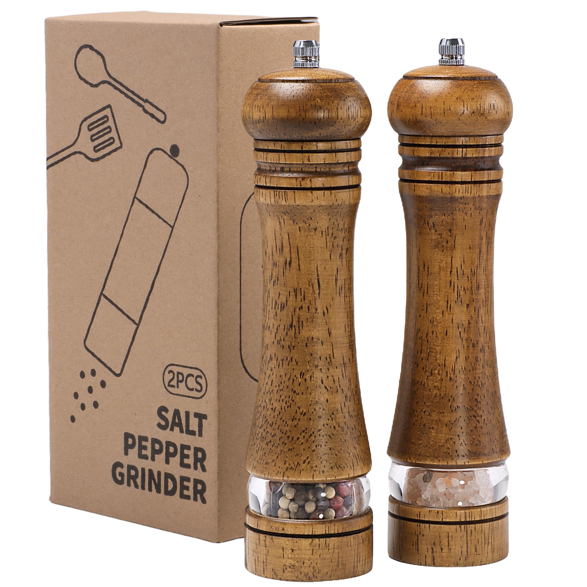 Macina sale e pepe in legno con finestra in acrilico, macinapepe in legno, meccanismo di macinazione in ceramica regolabile, ricaricabile per varie spezie (22 cm, confezione da 2)
