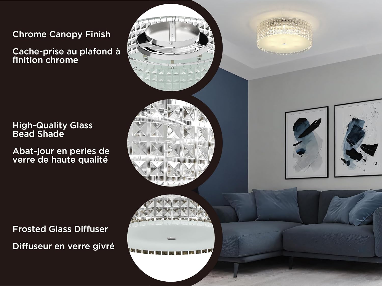 BAZZ PL3416ON Glam Round Ceiling Fixture Halogen Easy Installation Dimmable with 6 G9 Bulbs Included, 16"