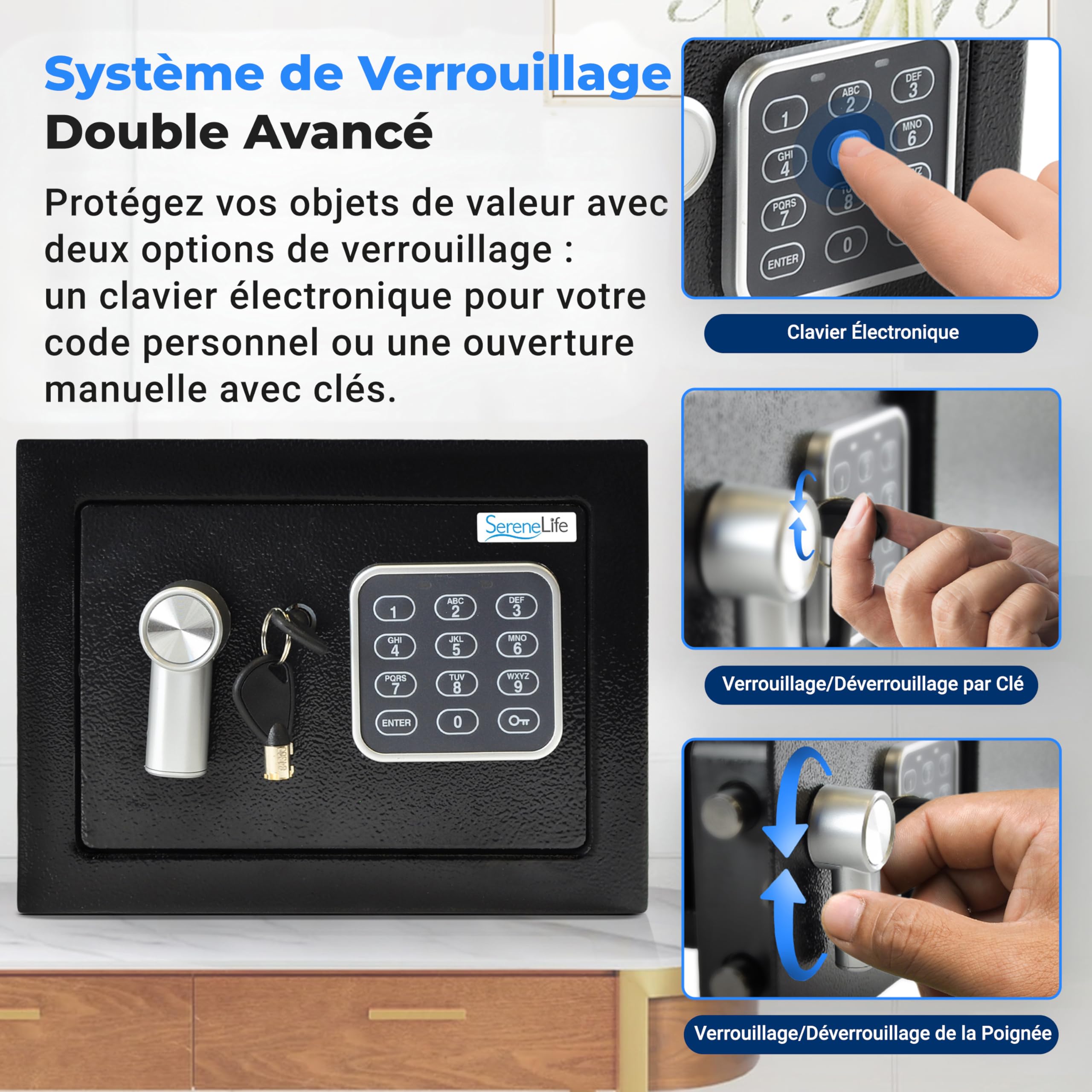 SereneLife Coffre-Fort Numérique en Acier – 23x17x17 cm, Sécurité Électronique + Clé, Rangement pour Argent, Armes, Bijoux, Passeports – Pour Maison, Hôtels, Placards, Bureau-noir