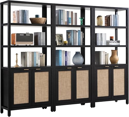 Miniatura 10 de SICOTAS - Estantería de ratán alta estilo bohemio con puertas y 5 niveles, estante de madera grande estilo casa de campo, para sala de estar,