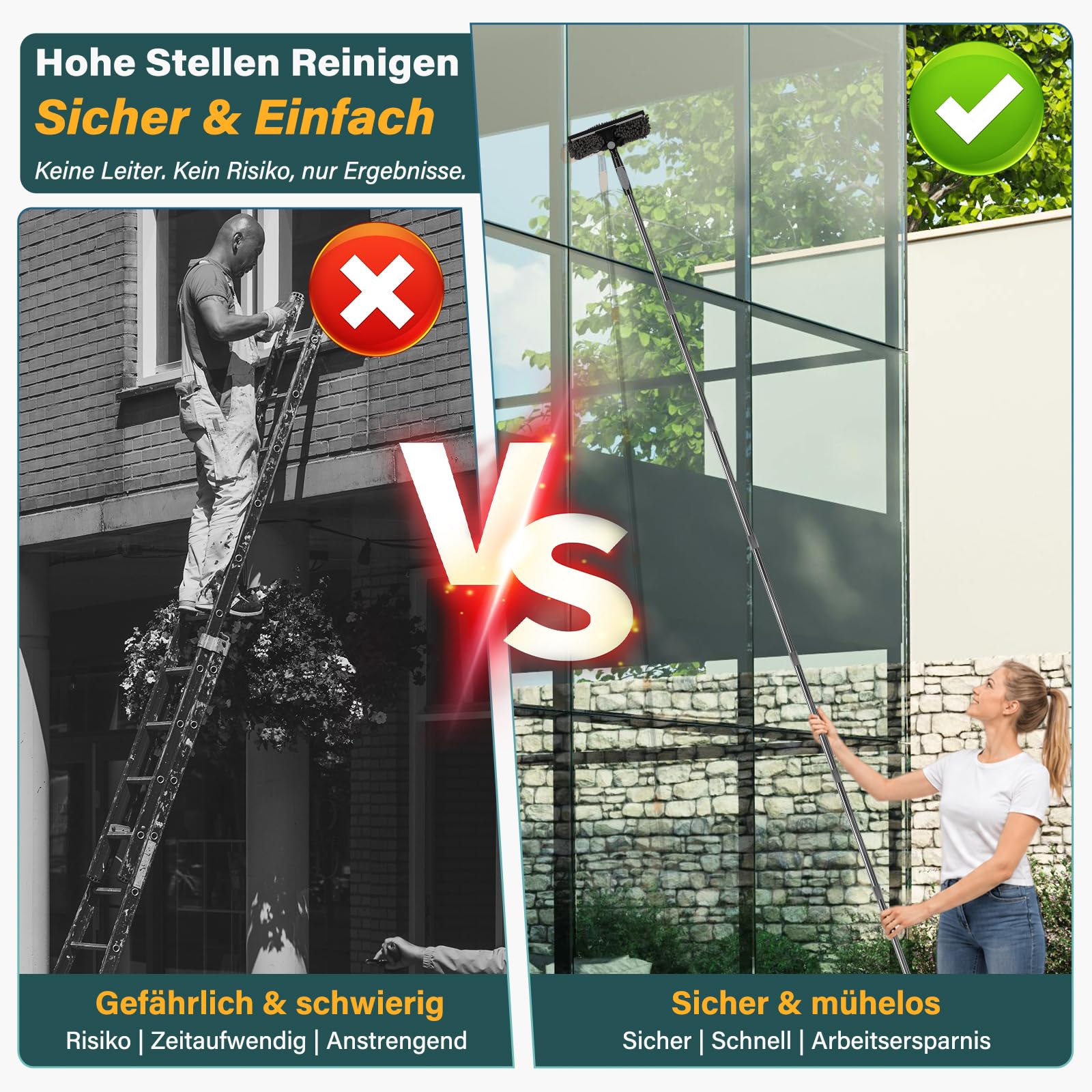 marysgift 2,9 M Teleskop Fensterwischer Abzieher Set, Staubwedel Teleskop,2 in 1 Teleskopstange Fensterreinigung für Bad, Fenster, Glas, Spiegel, Auto,Staubwedel Lang Ausziehbar für hohe Decken (Grau)