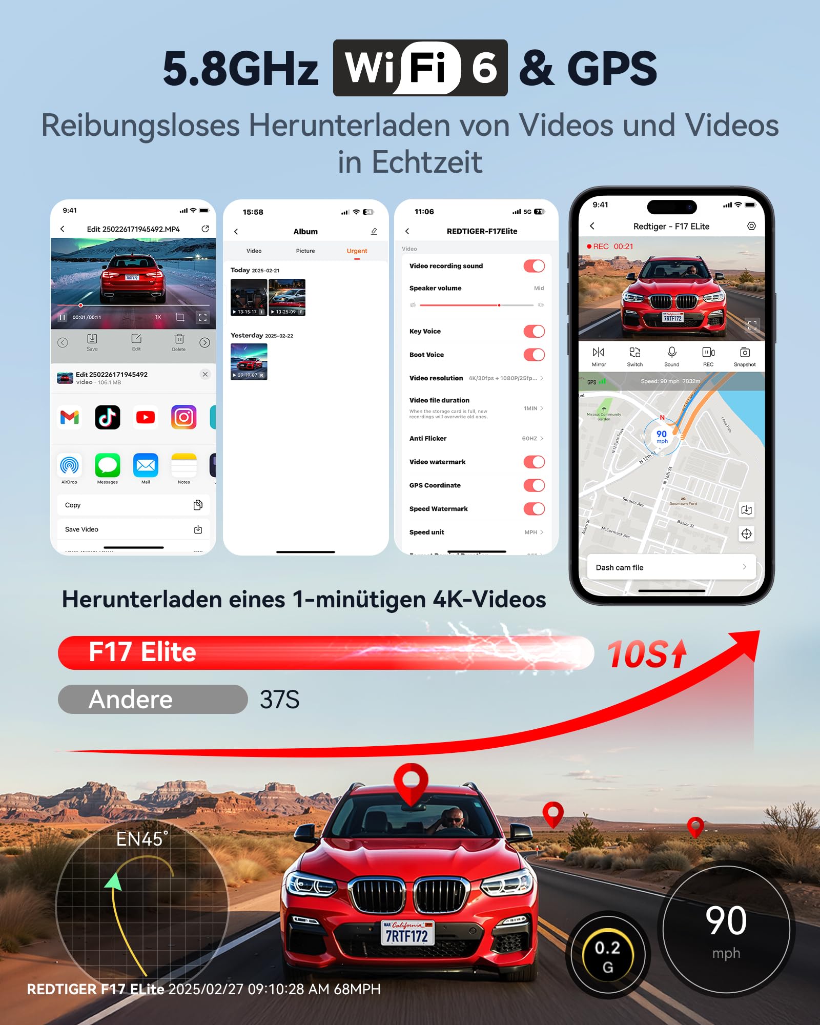 REDTIGER F17 Elite 4K 3 Kanal Dashcam Auto, STARVIS 2 IMX678 & IMX 675, 128GB Karte, Full Night Color, 4K+2.5K+1080P Vorne und Hinten Innen, Sprachsteuerung, 5GHz WiFi 6, GPS, HDR, Parkmodus