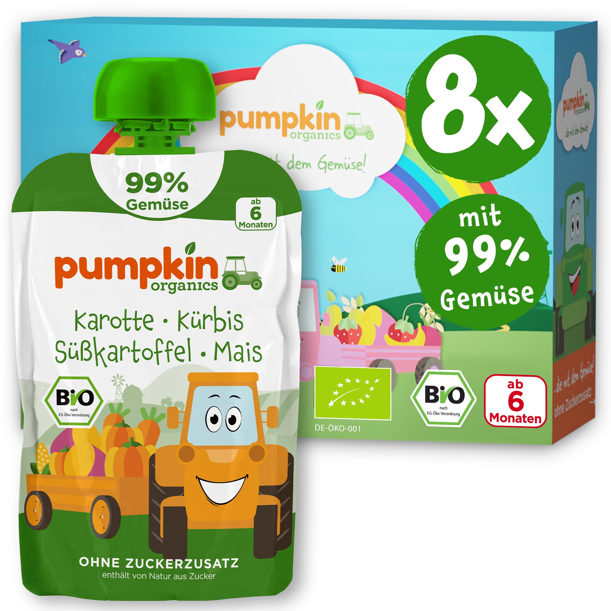 Pumpkin Organics Bio Gemüse-Quetschies 99% Gemüse - 8er Pack Karotte, Kürbis, Süßkartoffel, Mais - ohne Zuckerzusatz¹ - ab 6 Monaten - als Snack oder Beikost für unterwegs - (8x100g)