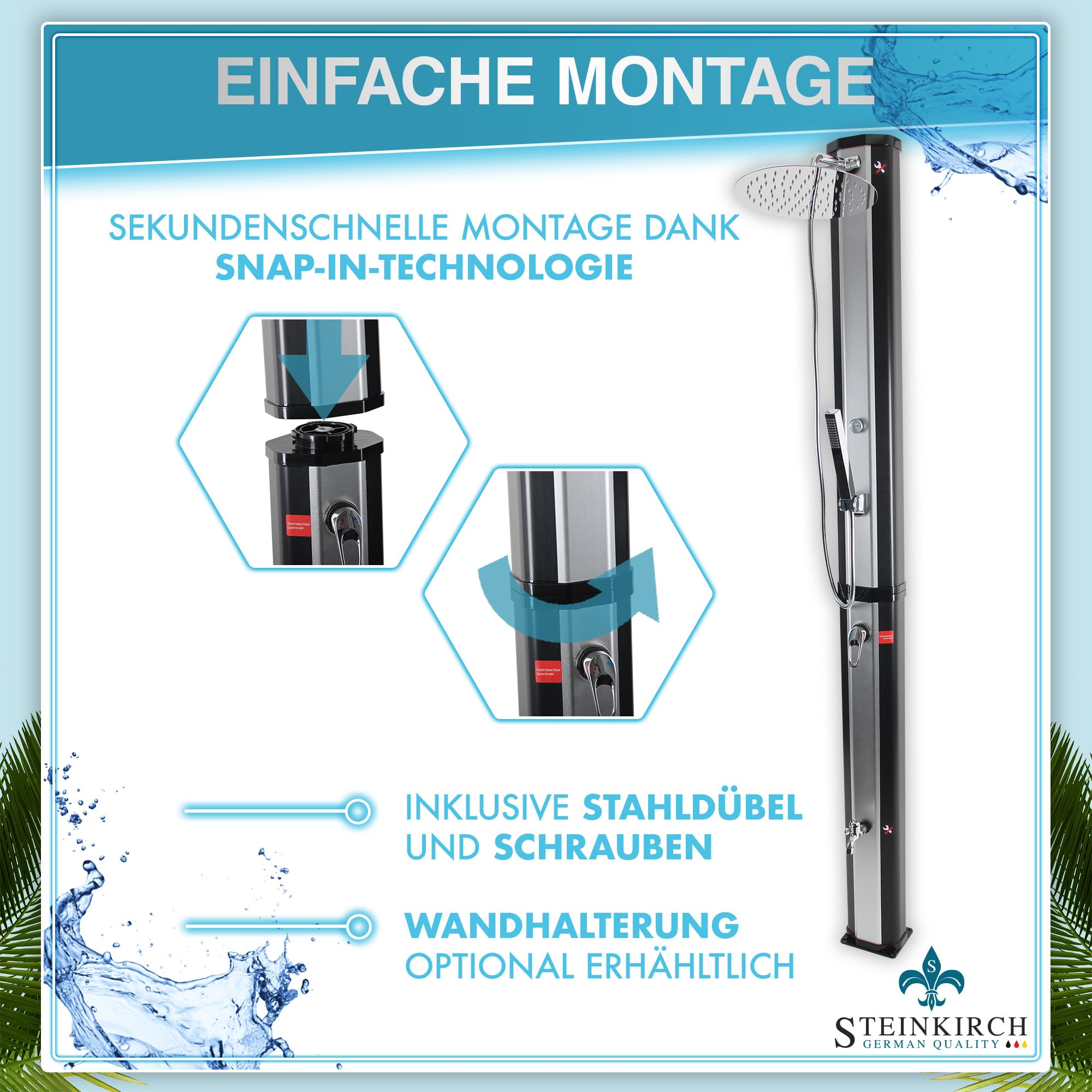 Solardusche Gartendusche Aussendusche Edelstahl Campingdusche 40l Outdoor Dusche Warmwasser Gartensolardusche Winterfest Handbrause Wasserhahn Thermometer XL Regenduschkopf 30 cm