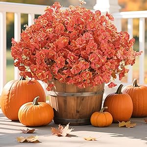 Lcuasc 10 Bundles Artificial Fall Mums with Eucalyptus, Faux Morning Glory UV Resistant Outdoor Decor - Autumn Orange Flowers for Front Door Porch Planter, Patio, Thanksgiving Christmas(Orange)