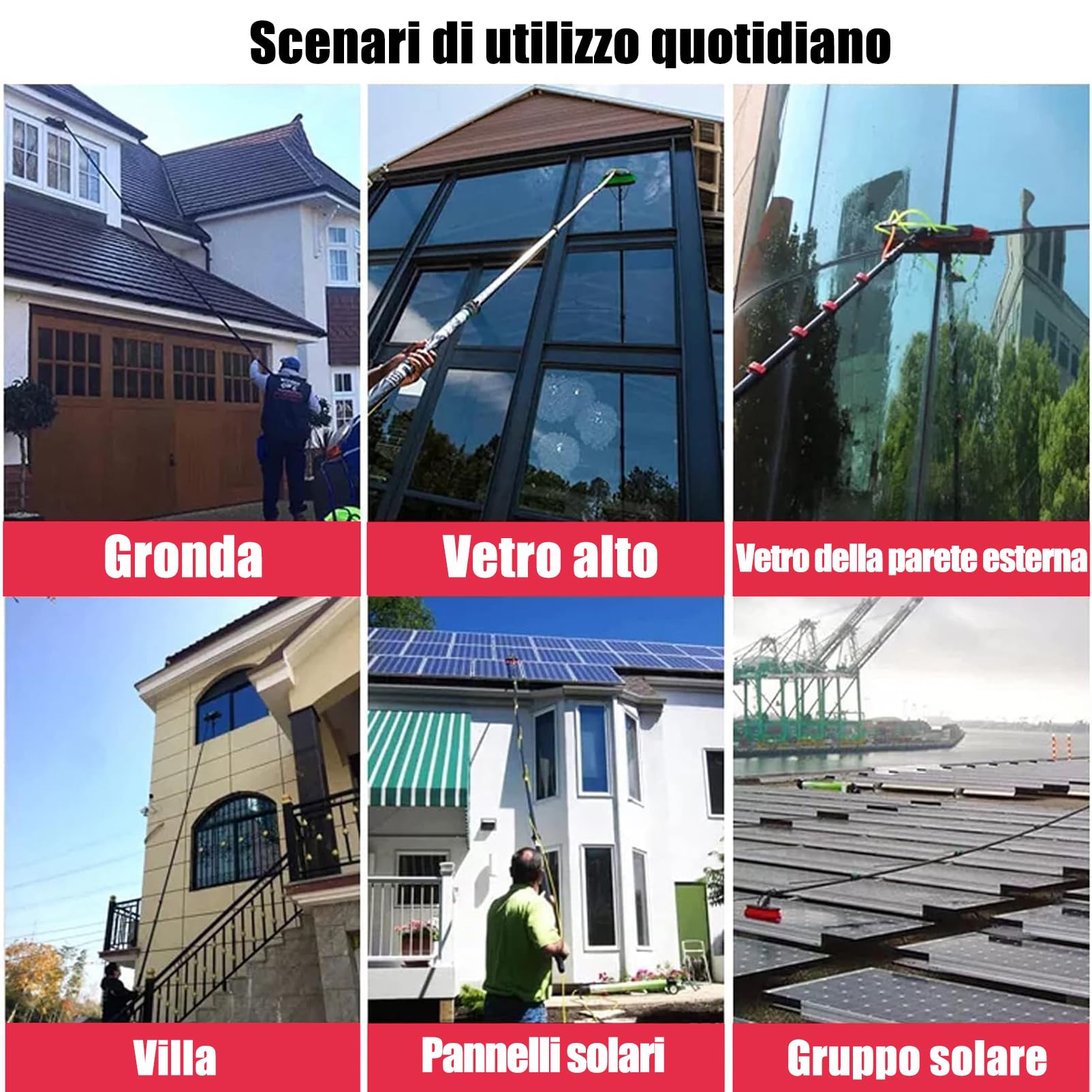 Kit Pulizia Pannelli fotovoltaici 7 Metri Alluminio Estensibile per Lavaggio Pannelli fotovoltaici Palo da 3.6a 10.8m, Chiusura Perfetta Set di Lavaggio Attrezzatura palo di Pulizia