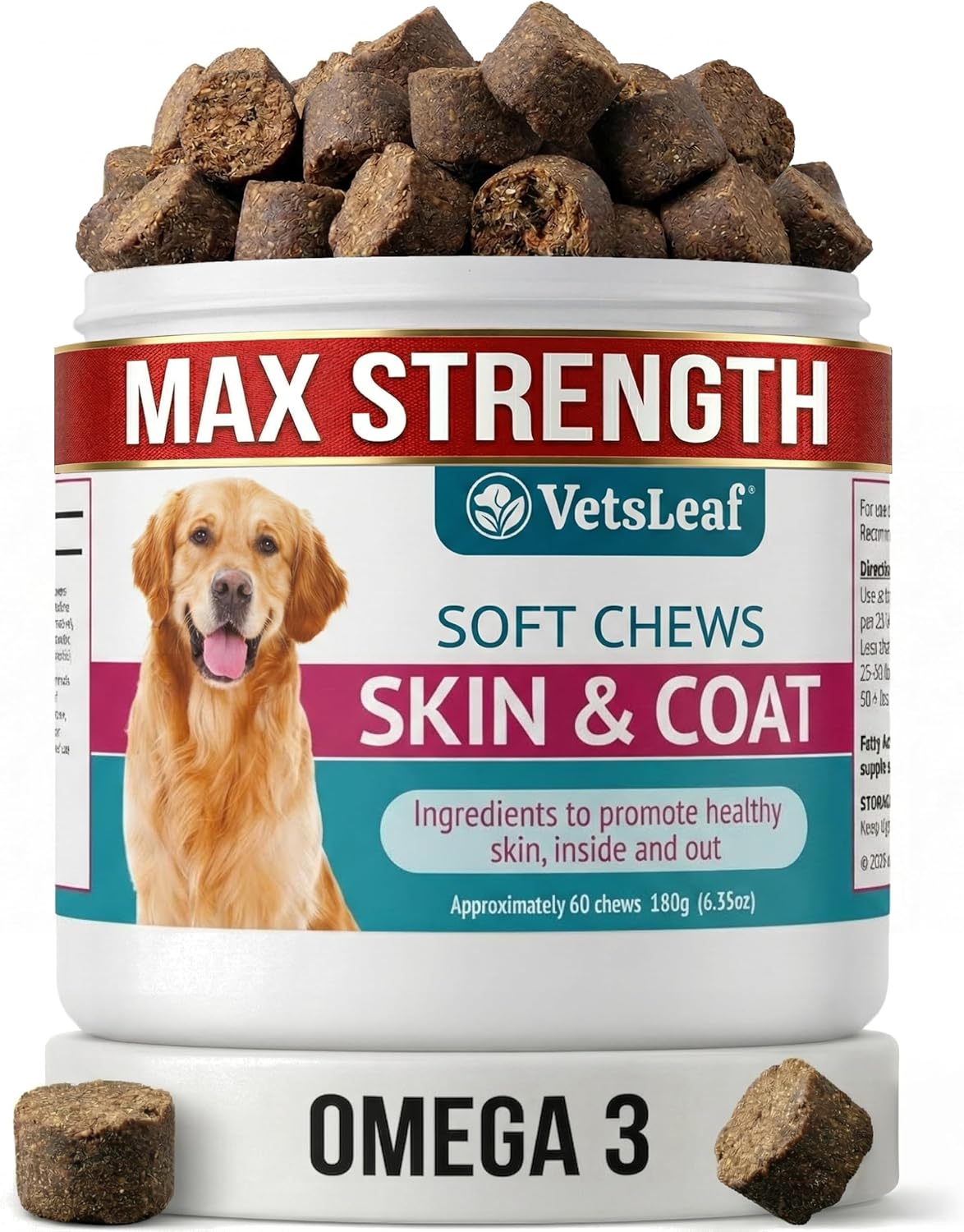 Dog Skin and Coat Supplement Chews - Omega-3 Fish Oil, EPA & DHA, Biotin, Vitamin A & D3 - Coat Shine, Skin Hydration, Shedding & Itch Relief - Made in USA - 60 Count