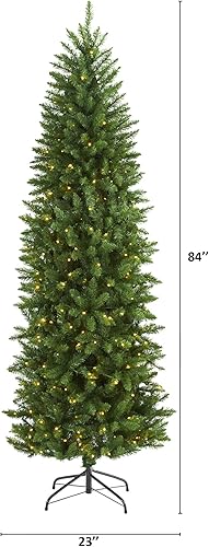 Miniatura 5 de Nearly Natural Árbol de Navidad artificial de pino de montaña verde delgado de 7 pies con 300 luces LED transparentes