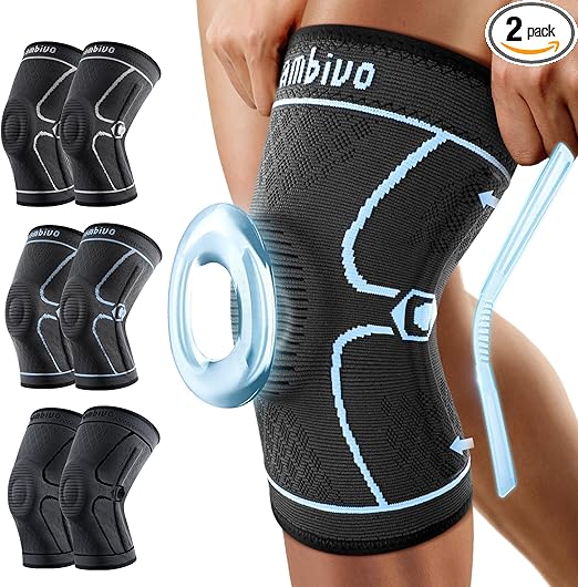 CAMBIVO Knee Brace for Men & Women, 2 Pack Knee Compression Sleeve for Knee Pain Relief, Knee Brace with Side Stabilizers & Patella Pad for Meniscus Tear, Gym Running Working Out(Medium, STS-Blue)