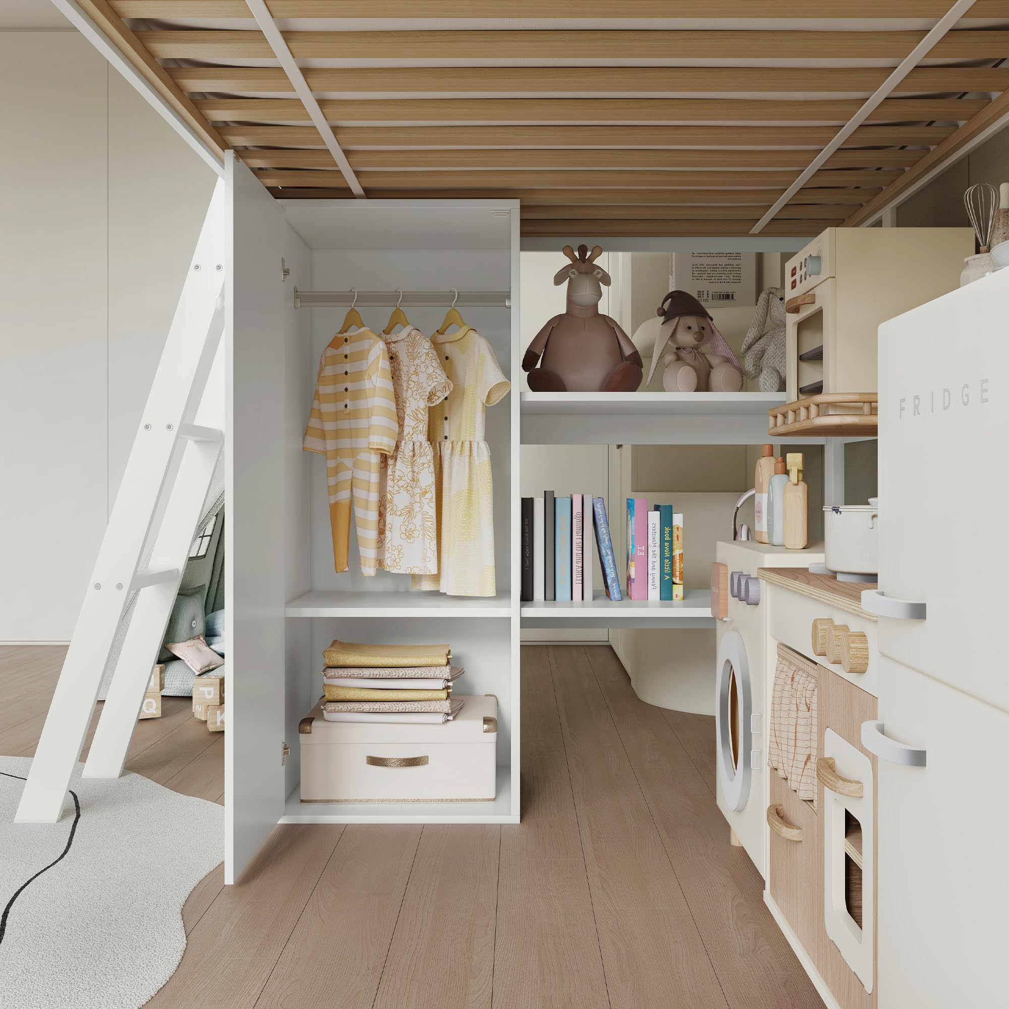 Azkoeesy Letto a Soppalco per Bambini con Scivolo, Scala Inclinata, Armadio, Mensole Librarie Integrate, Parapetto di Sicurezza Ondulato, in Pino Massiccio, Bianco, 90x200 cm
