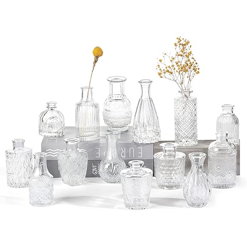 CUCUMI Bud Vases Set of 14, Small Vases in Bulk for Flowers, Vintage Clear Glass Vases for Home Centerpieces Table Decor Rustic Wedding Decorations