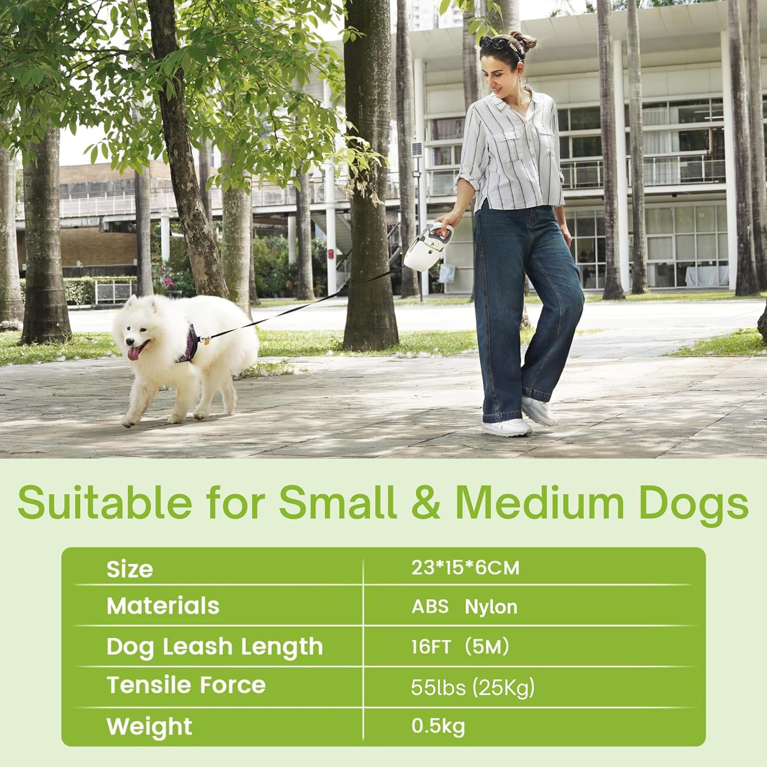 Retractable Dog Leash with Poop Bag Holder & Light, 16ft Tangle-Free Tape with Integrated Scooper for Small and Medium Dogs up to 55 lbs (ScoopLeash, White) (Standard)