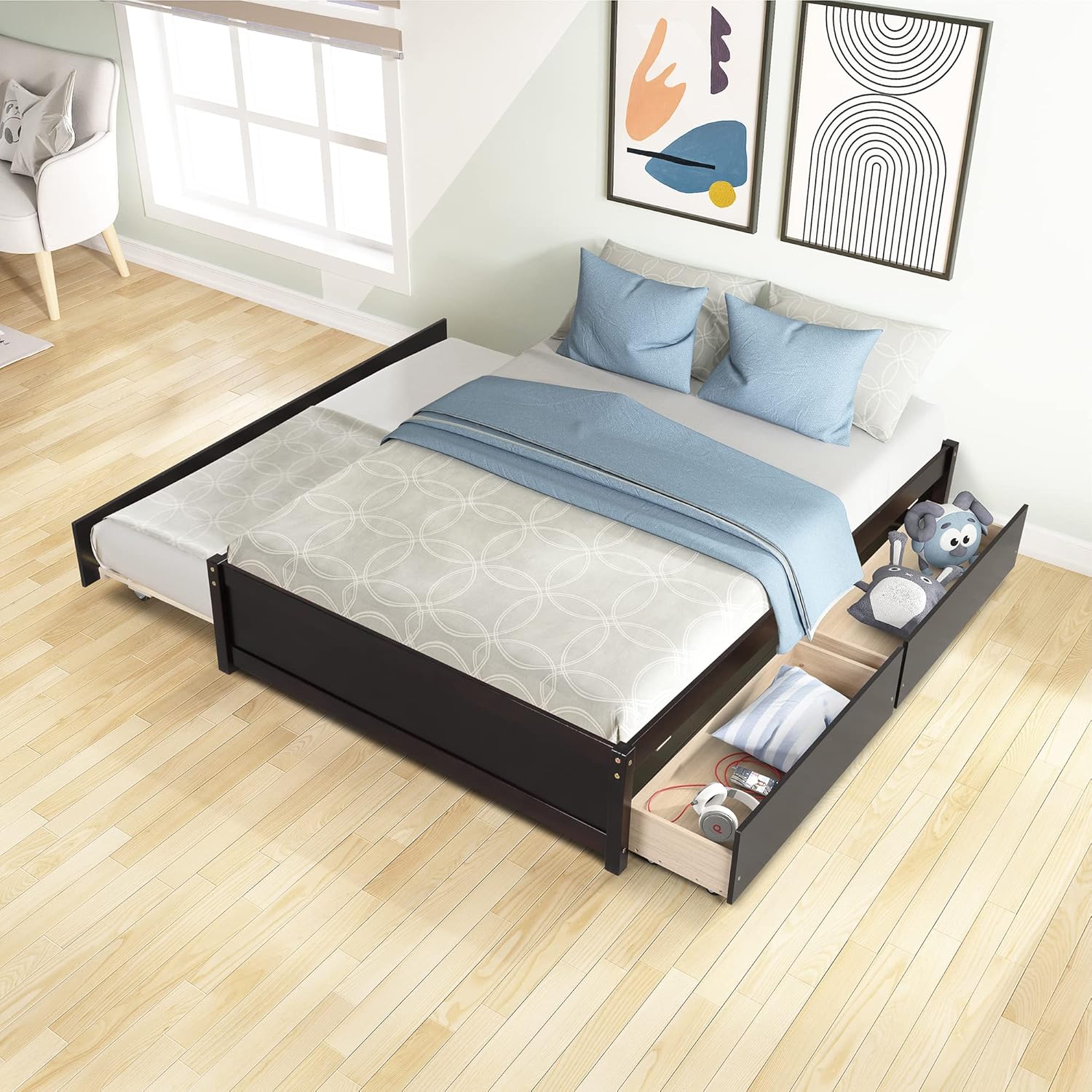 JULYFOX Daybed Frame Full Size with 2 Drawers, Solid Pine Wood Platform Bed Frame