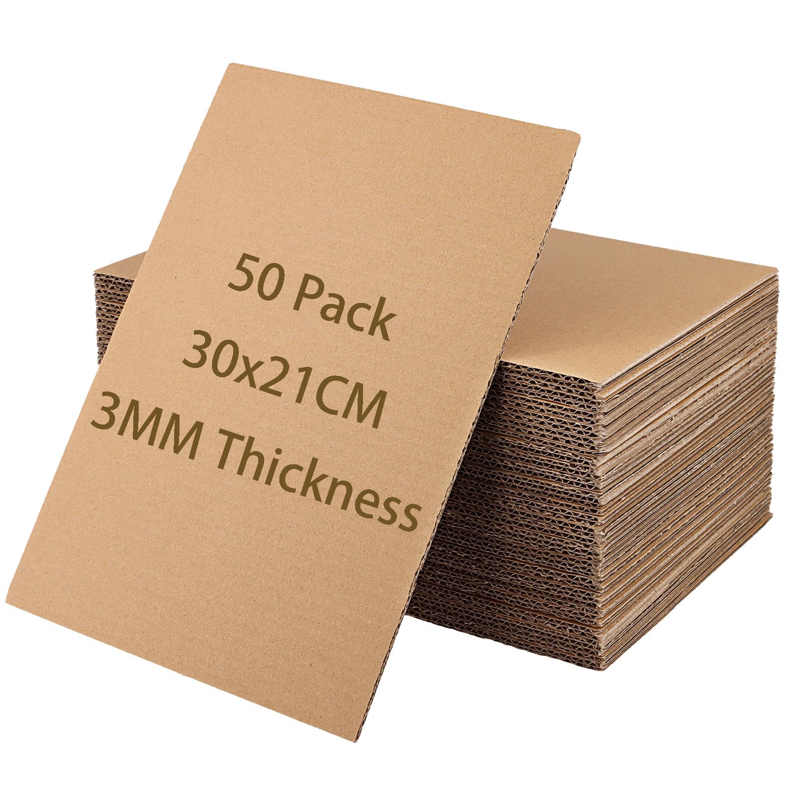 Lot de 50 feuilles de carton A4, 30 x 21 x 0,3 cm, rectangulaires, 3 couches épaisses, en carton ondulé, marron, pour envoi, emballage