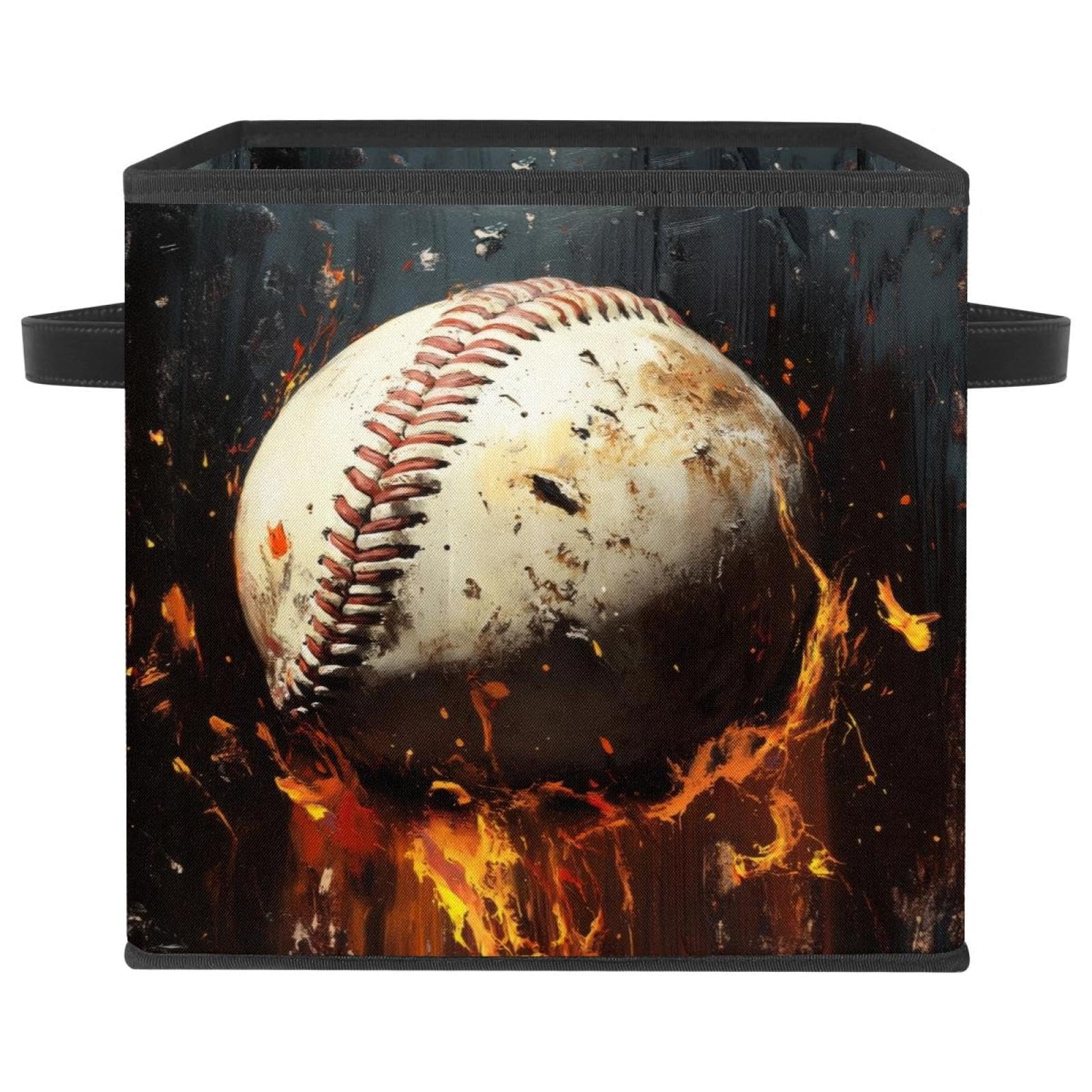 Boîte de rangement pliable de 28cm en tissu Oxford imprimé feu de baseball avec double poignées