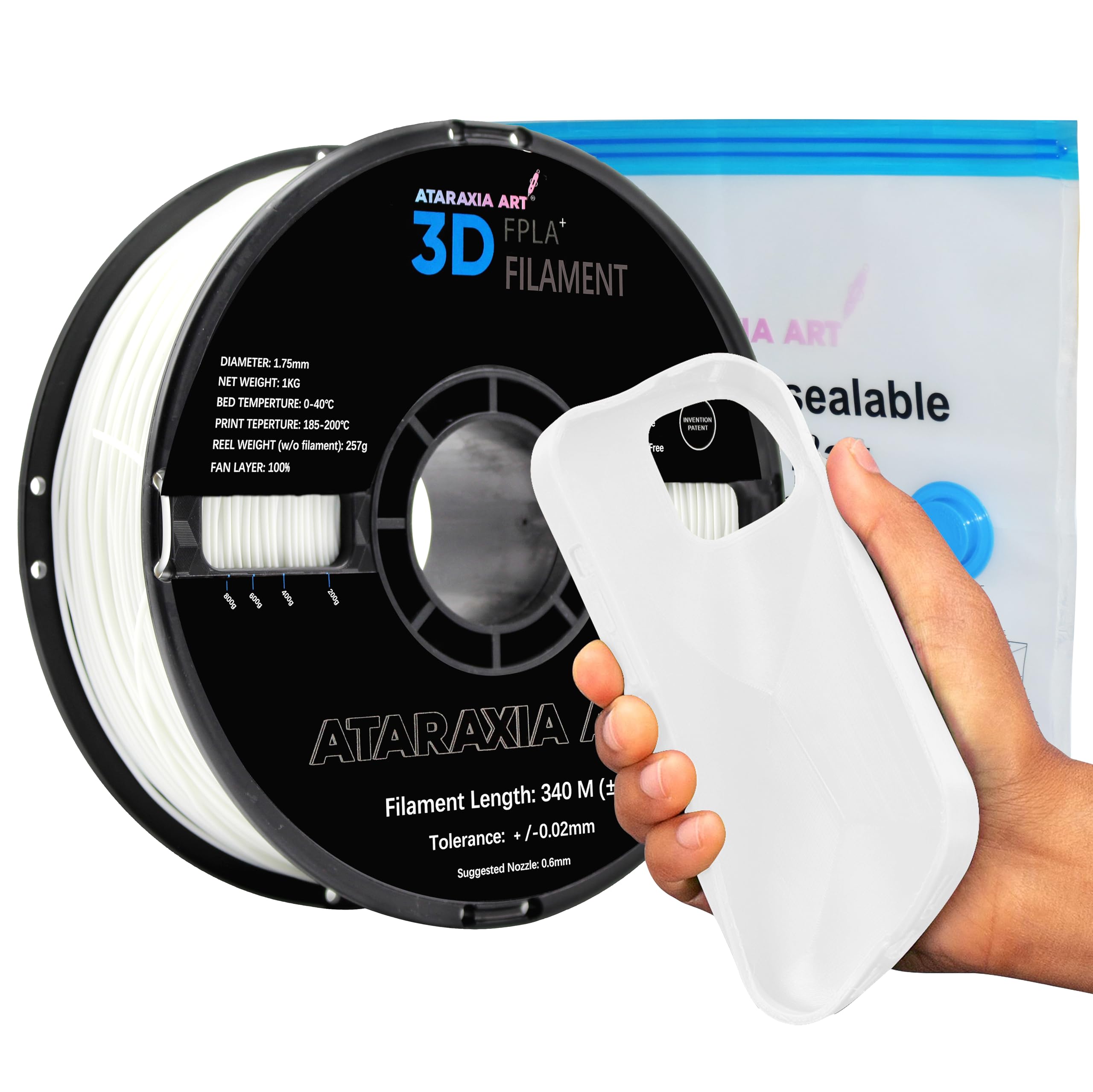 ATARAXIA ART Flexible PLA Filament 1.75mm, 1Kg/2.2lb Spool, 89A Shore Hardness, 5X Long Stretch, Easy TPU Extruder, Patent Formula, with Filament Storage Bag, Ivory White-image-47