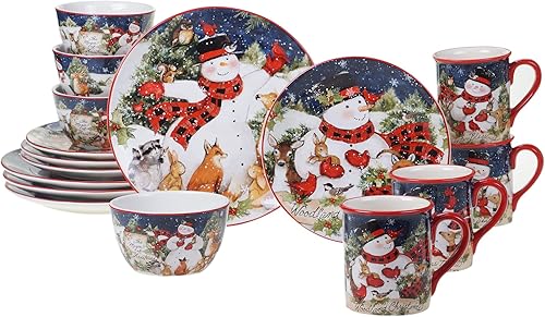 Magic of Christmas Snowman - Juego de vajilla navideña de 16 piezas, servicio para 4, platos alegres de invierno, tazas y cuencos para comidas