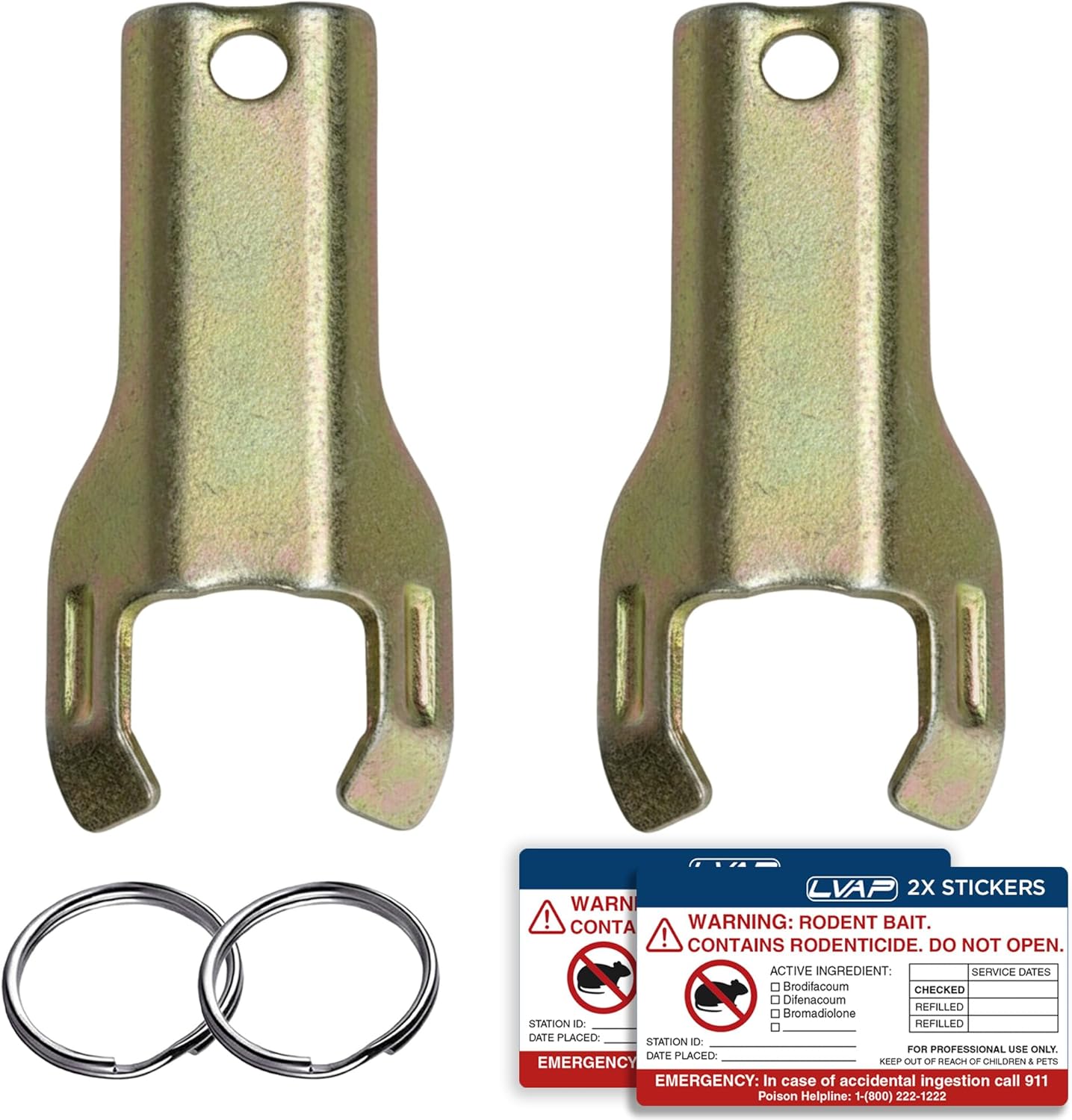2-Pack Stainless Steel Protecta Bait Station Replacement Keys for Protecta LP Rat & Mouse Stations, Bell Labs Mouse Bait Station Servicing. Inlcudes Warning Labels & Key Rings