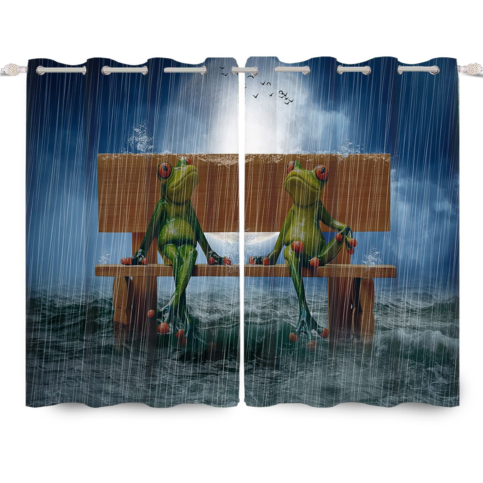 Lustige Frosch-Vorhänge Mit Ozean-Wellen-Muster – Verdunkelnd & Schalldämmend Fürs Schlafzimmer (2-teilig)