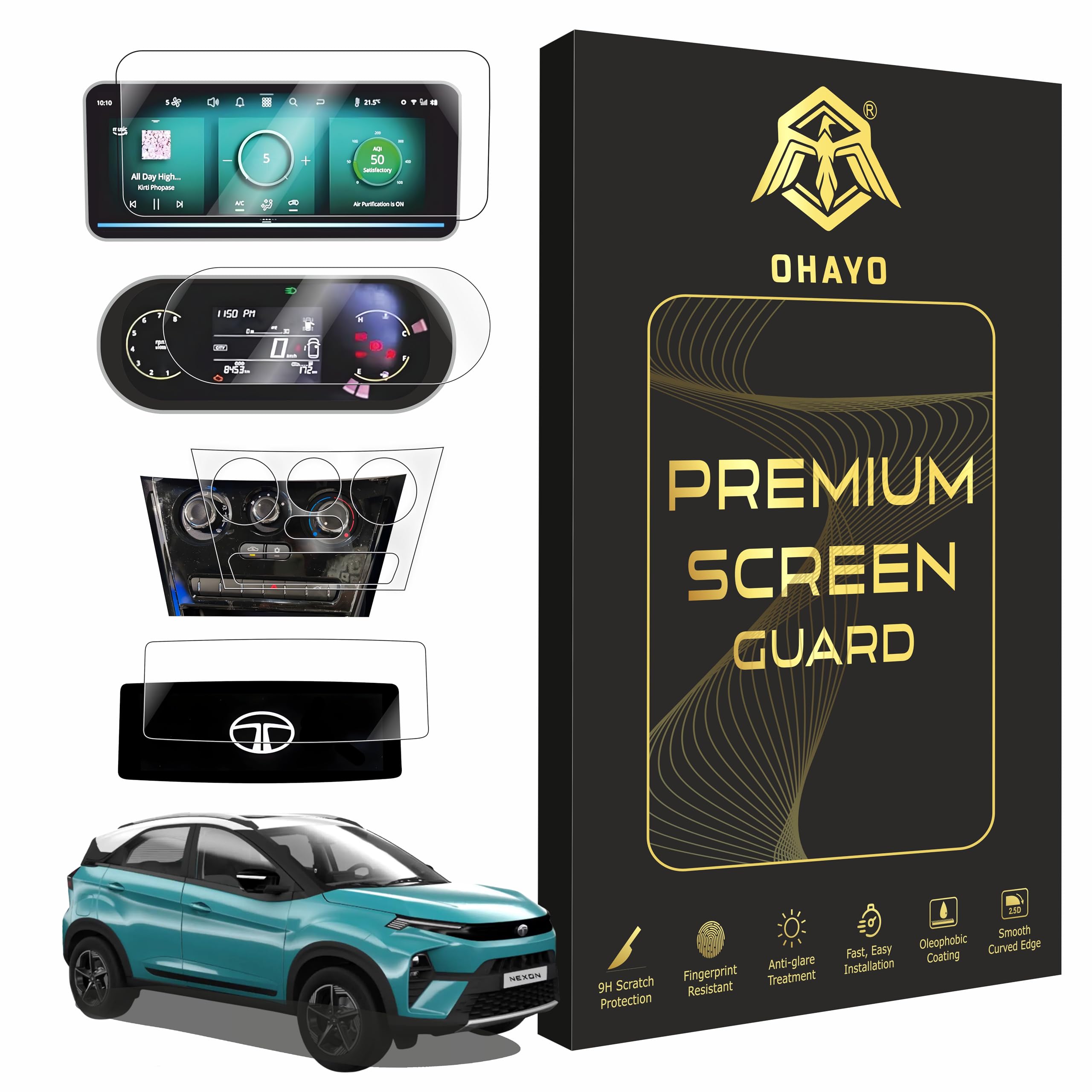 OHAYO 4 Pack Screen Guard for Tata Nexon 2026 Facelift | 10.25" Infotainment (Round Edge) + 4" MID + AC Panel + Steering Cluster Protector | HD Clear, Scratch Resistant, Water Repellent | Compatible with Pure+ / Pure Plus S / Smart+ S CNG | Not Tempered Glass