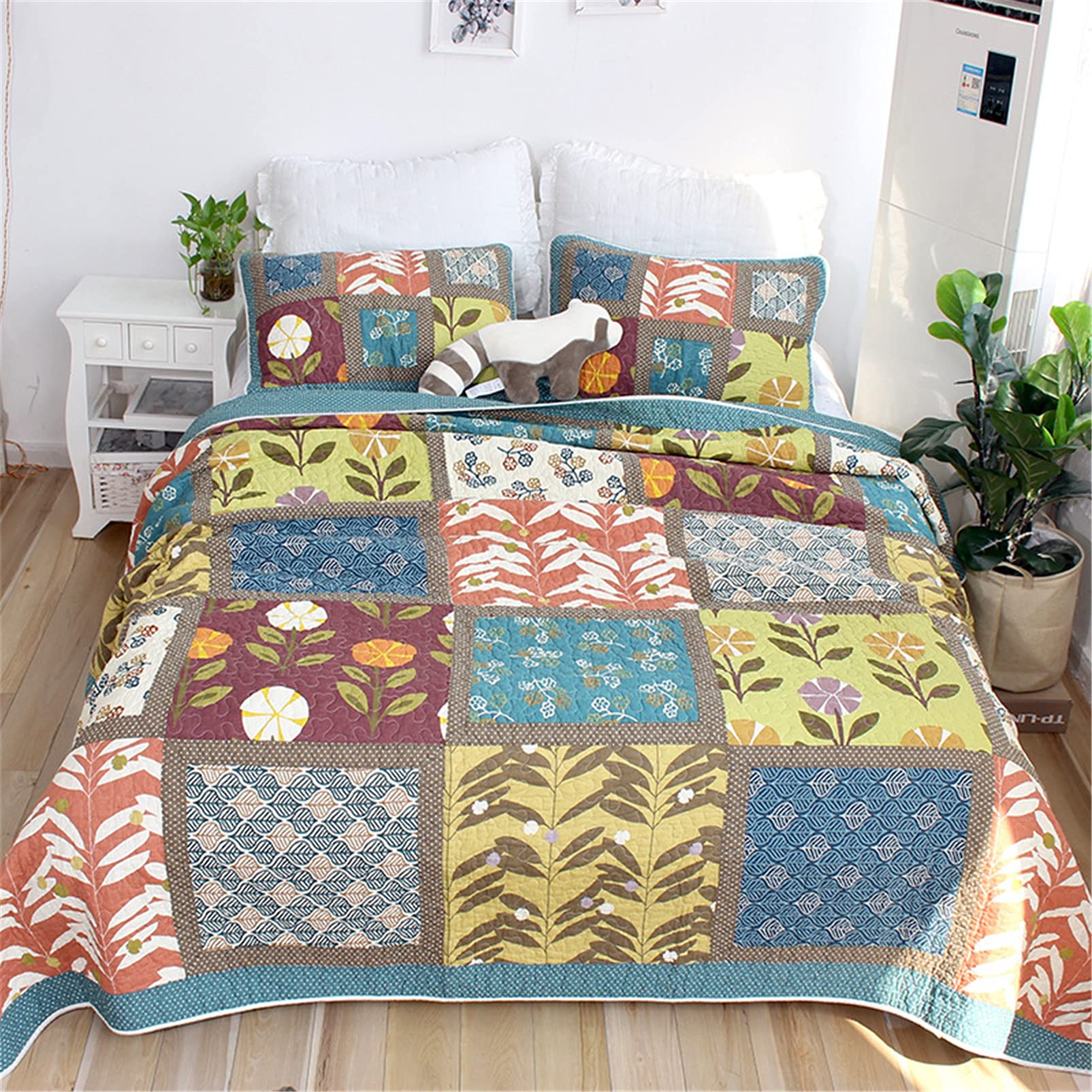 Parure de lit matelassée en coton jaune vintage, l'élégance du patchwork réversible