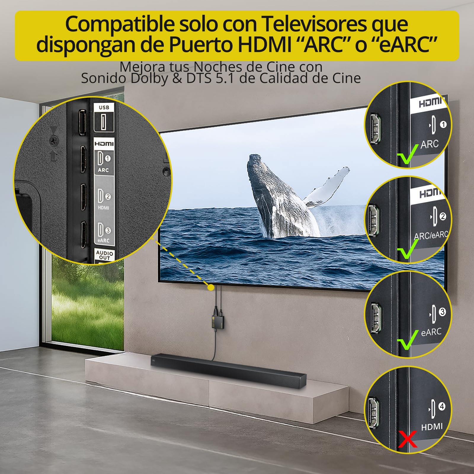 PROZOR Extractor de Audio HDMI eARC ARC Convertidor HDMI a Óptico Toslink 192KHz 24bit Adaptador ARC a Óptico Compatible con PCM Dolby DTS 5.1 2.0 para TV Barra de Sonido Auriculares Cine en Casa