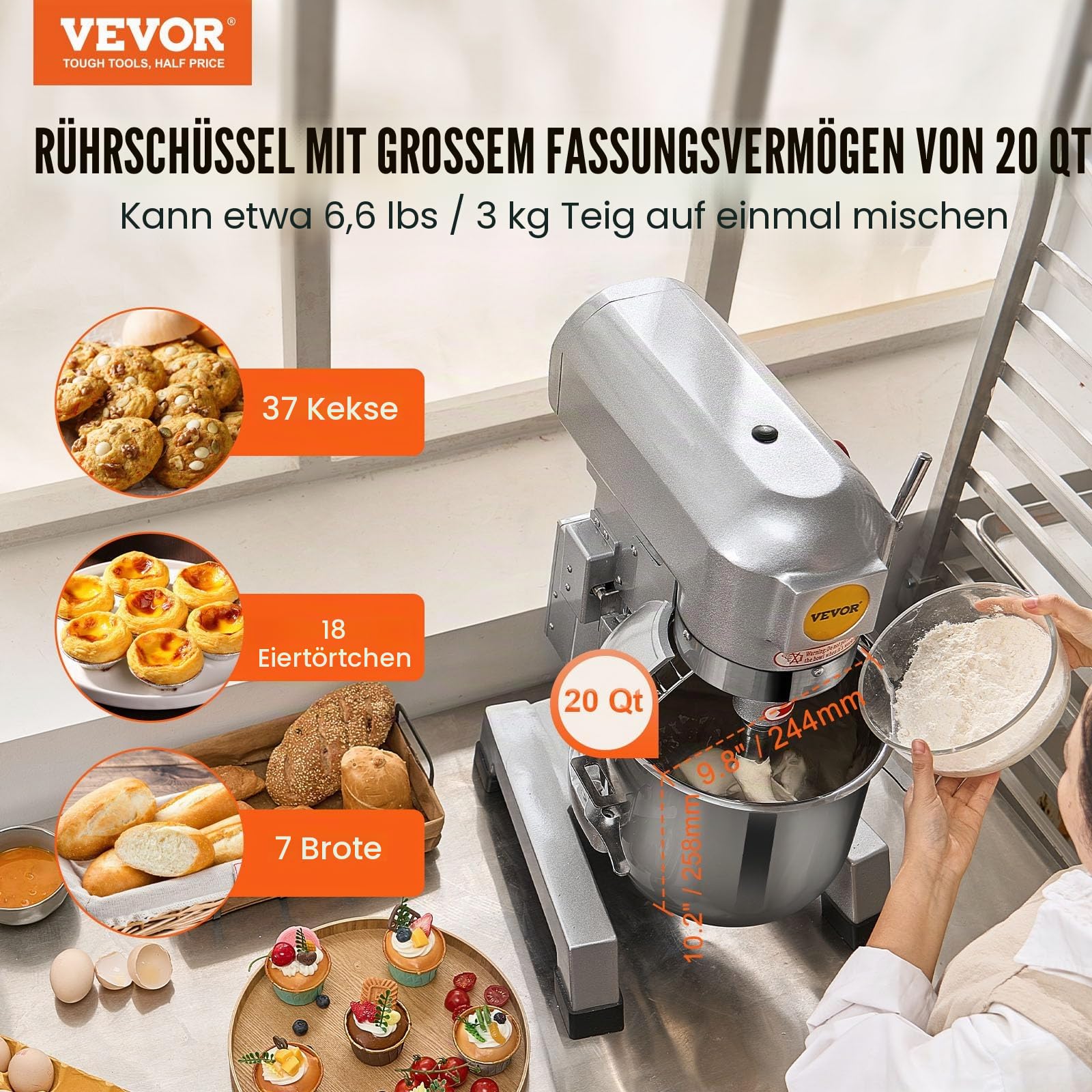 VEVOR Kommerzieller Küchenmixer, 18,7 L kommerzieller Standmixer mit 3 einstellbaren Drehzahlen, 1100 W Teigmixer mit Edelstahlschüssel und 3 Mixaufsätzen, ideal für Restaurant, Bäckerei, Konditorei